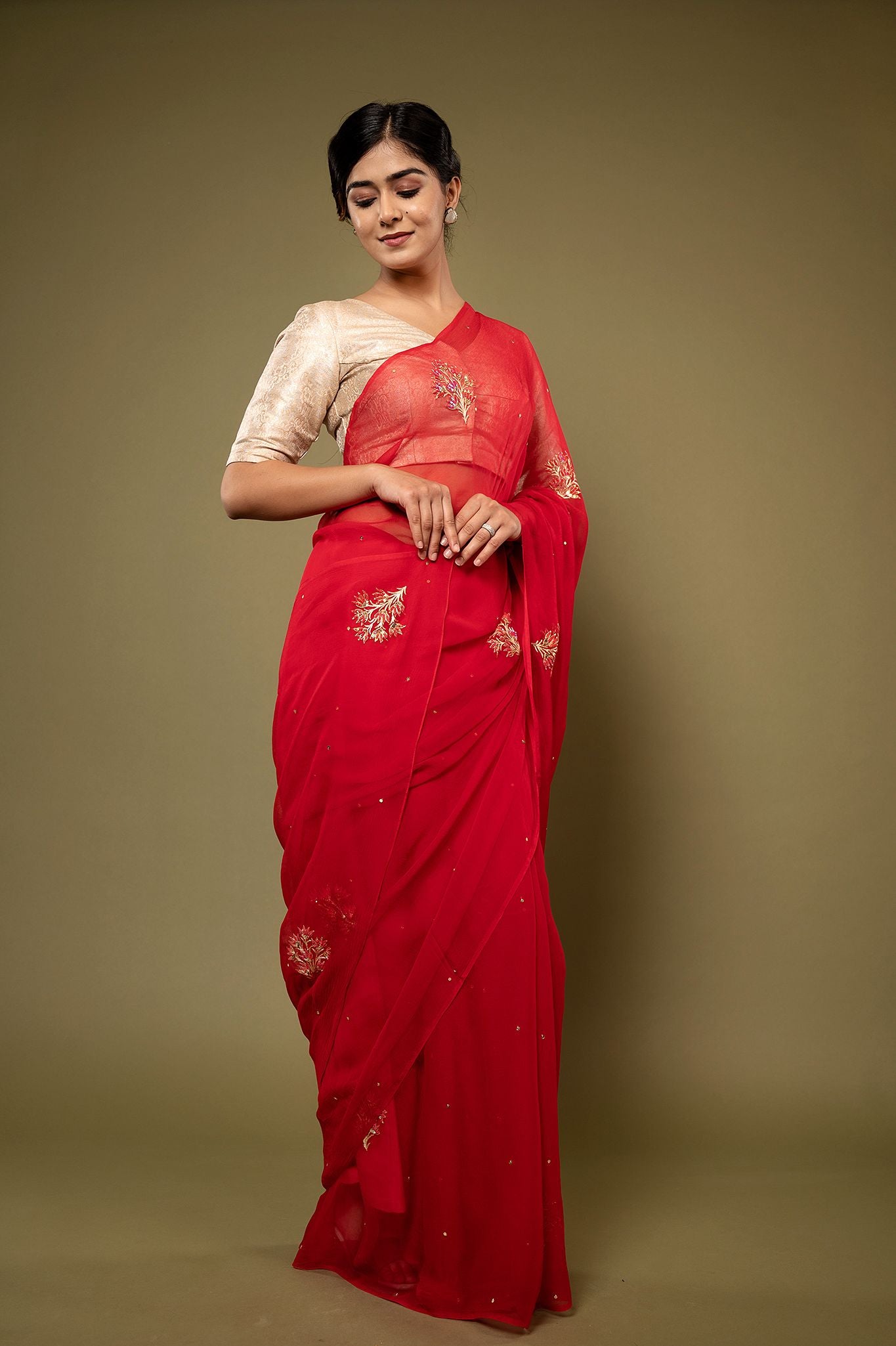 Red viscose chiffon aari sequins motif handwork casual wear saree