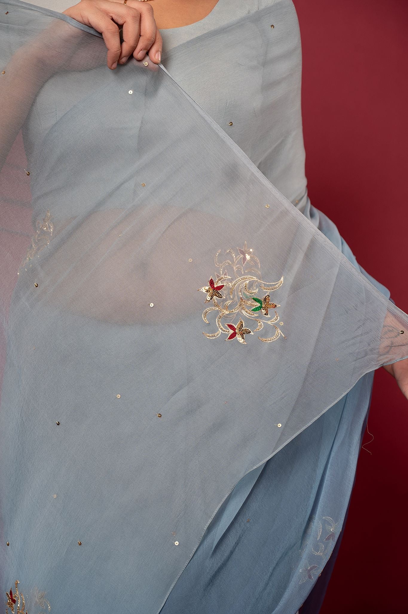 Grey light dark viscose chiffon aari sequins motif handwork casual wear saree