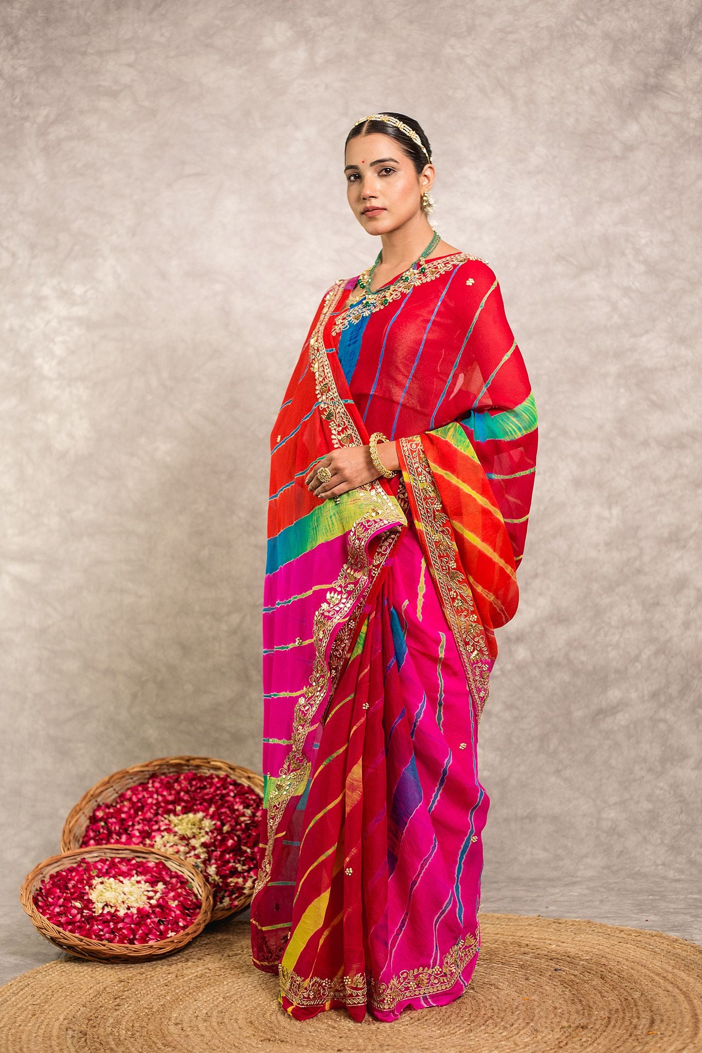 Multi lehariya Pure Georgette 20 Gsm Gotta Pati border butti handwork traditional wear saree
