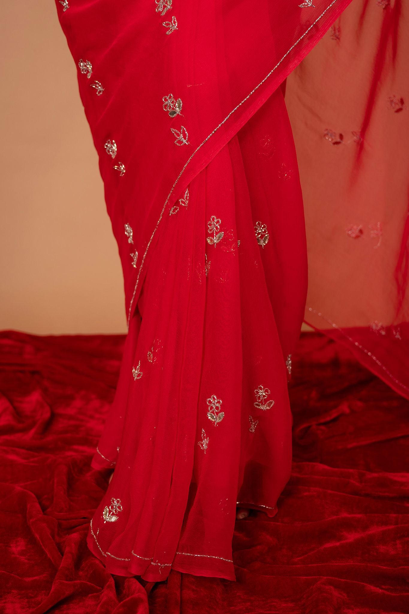 Red Viscose Chiffon Gottapati butti handwork daily wear saree