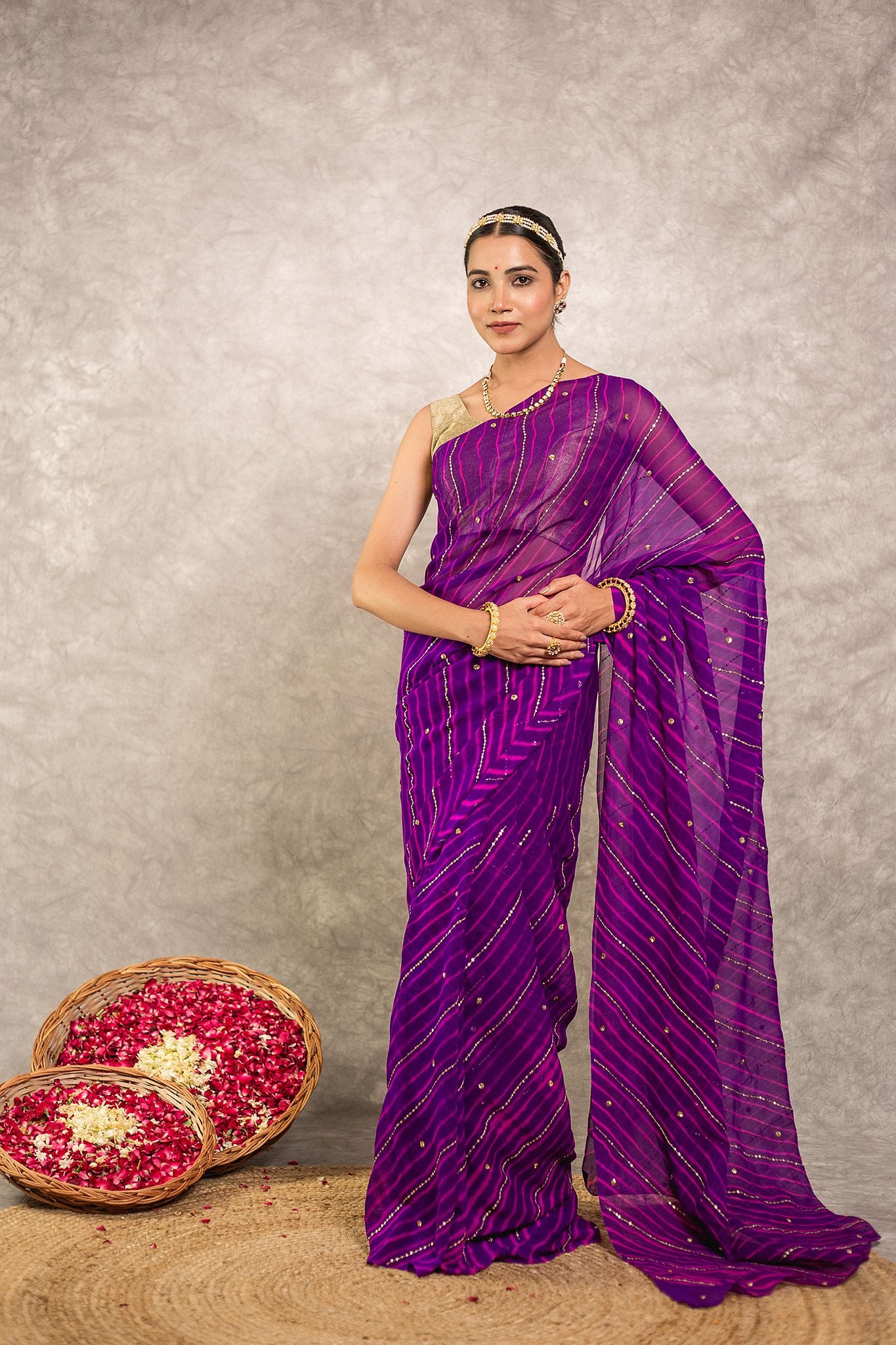 Purple lehariya Pure Georgette 20 Gsm Aari tari handwork traditional wear saree