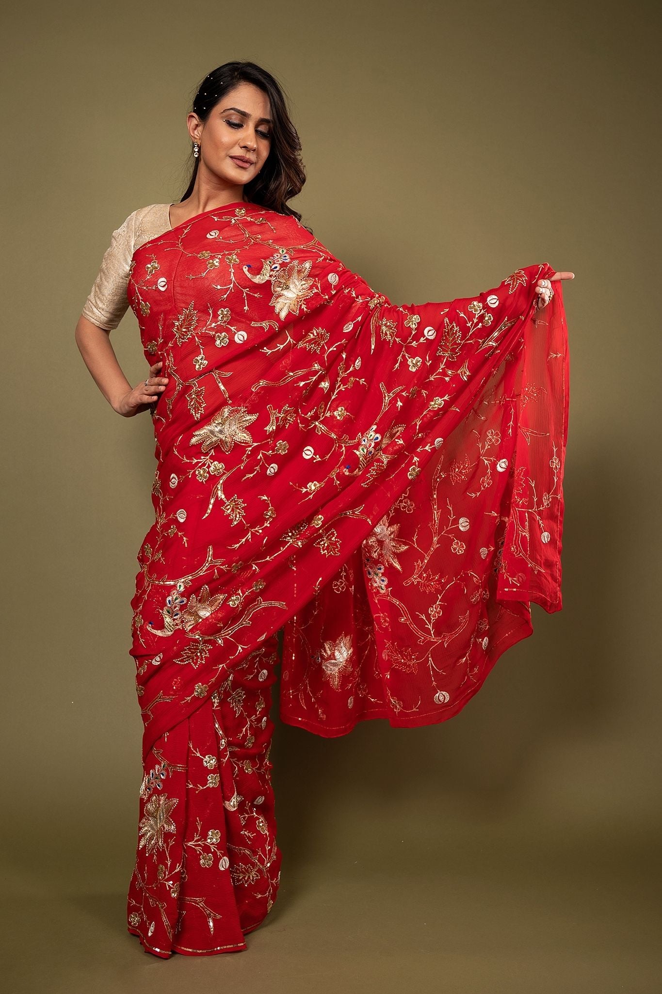 red pure chiffon aari sequins jaal handwork saree