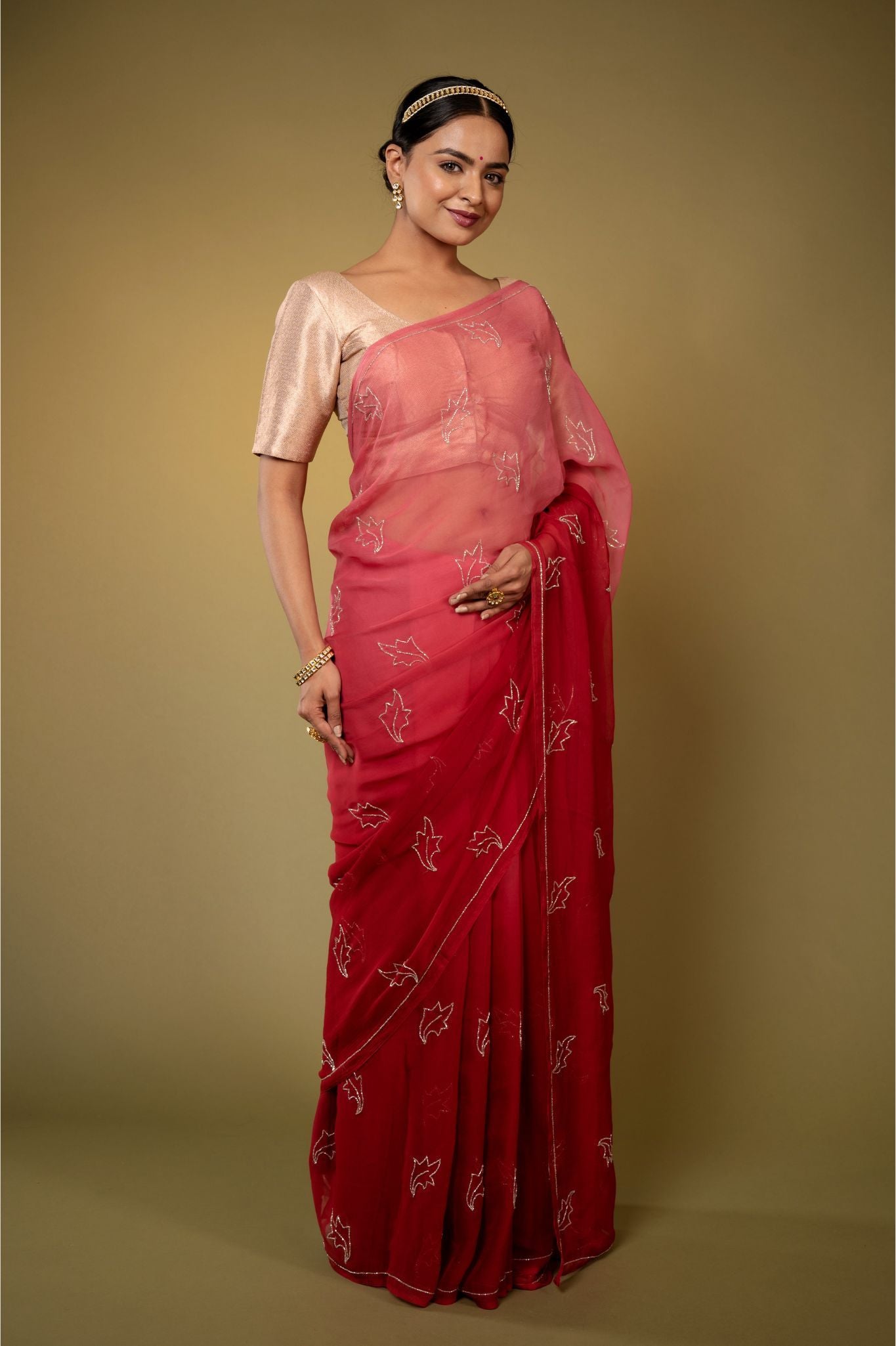 Burgundy red viscose chiffon kardana handwork casual wear saree