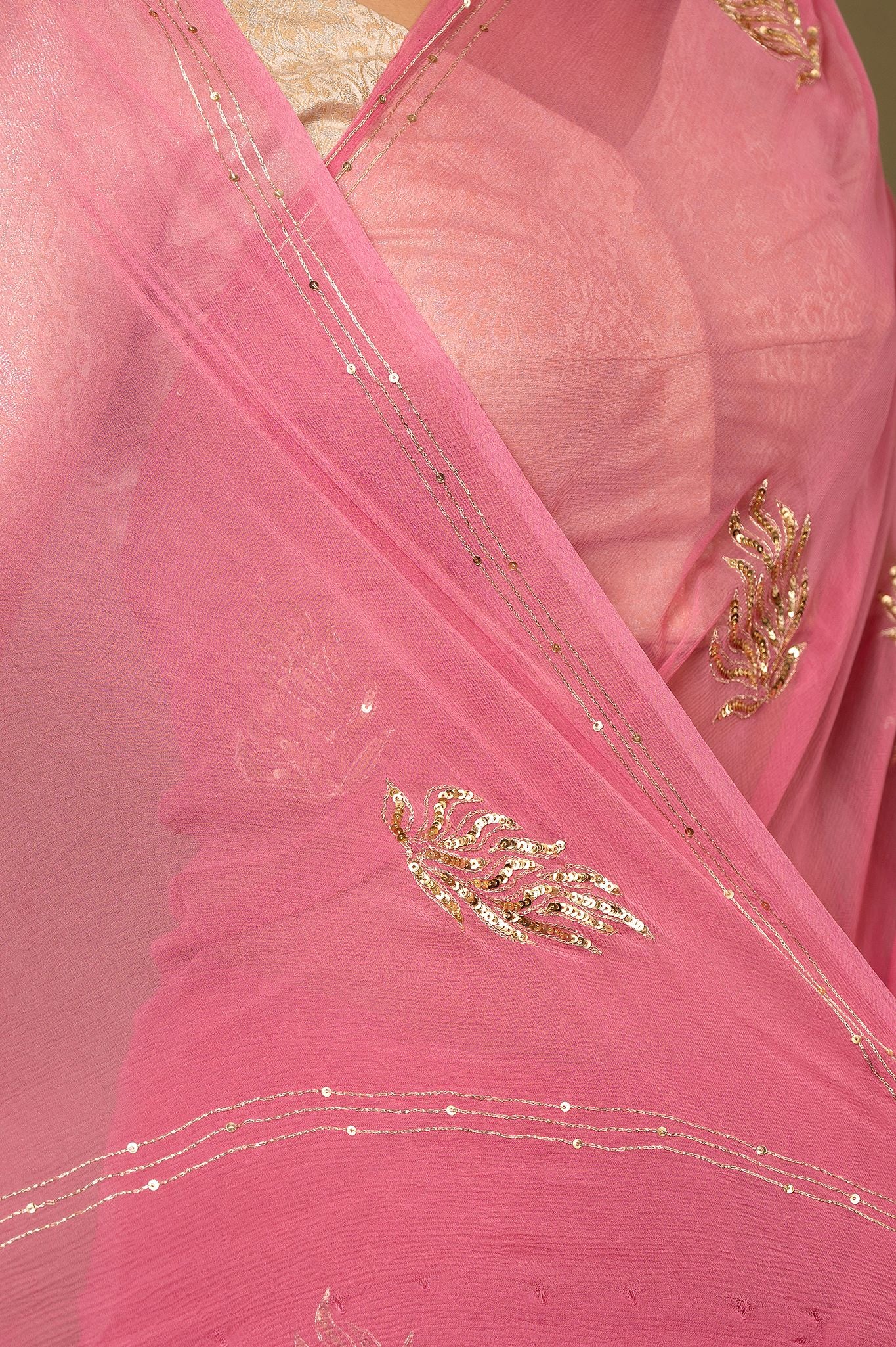 Pink viscose chiffon aari sequins motif handwork casual wear saree