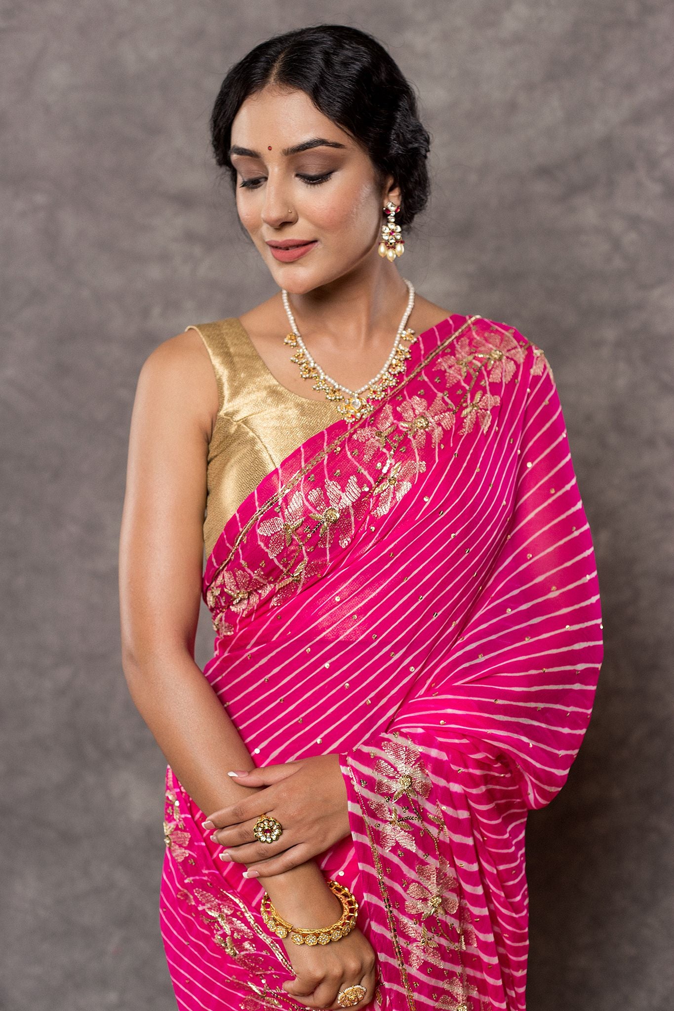 Rani Lehariya Pure Georgette 20 Gsm aari sequins border butti handwork traditional wear saree