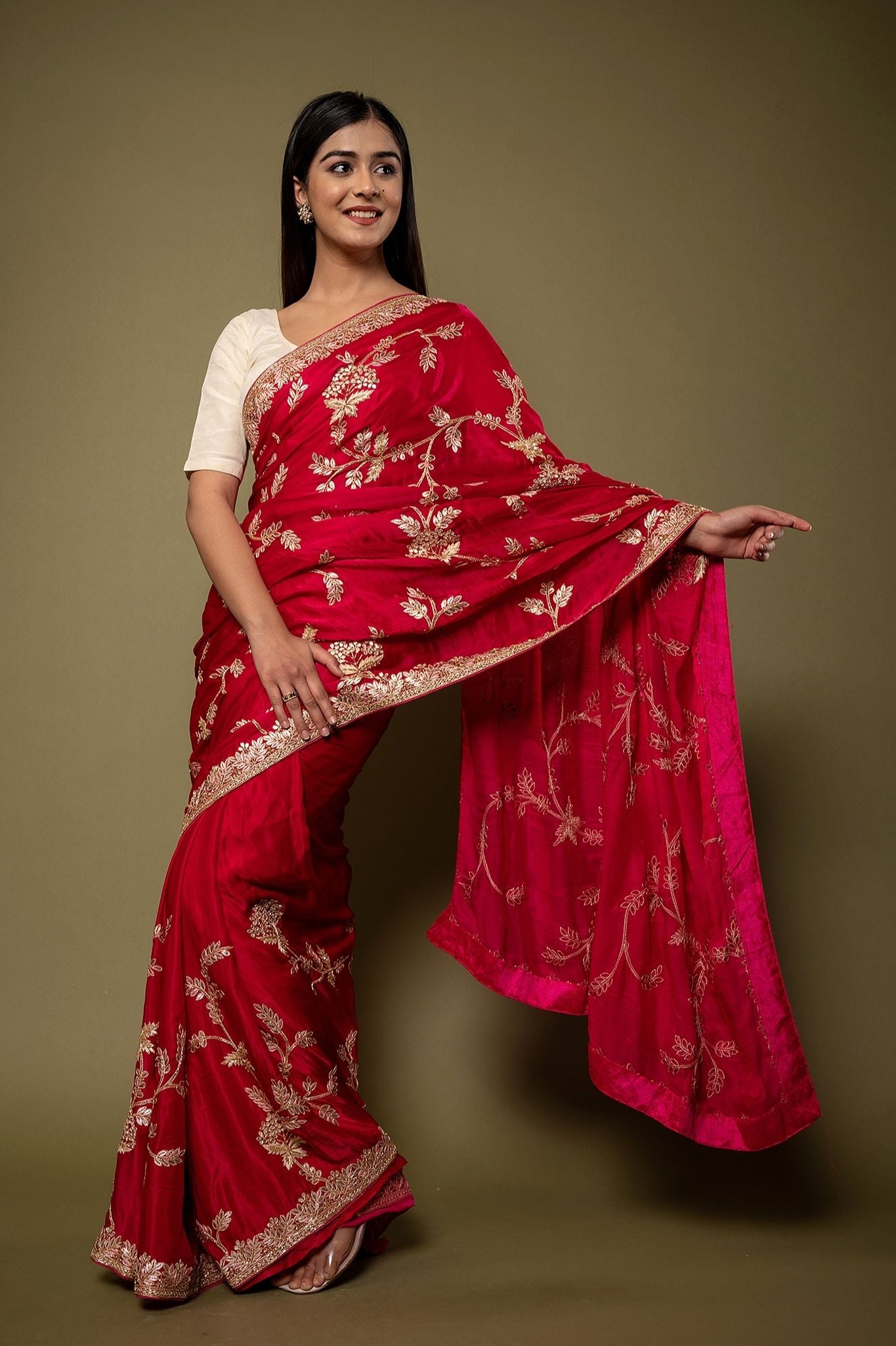 Red Pure Silk Satin aari gotta parti border butti jaal handwork saree