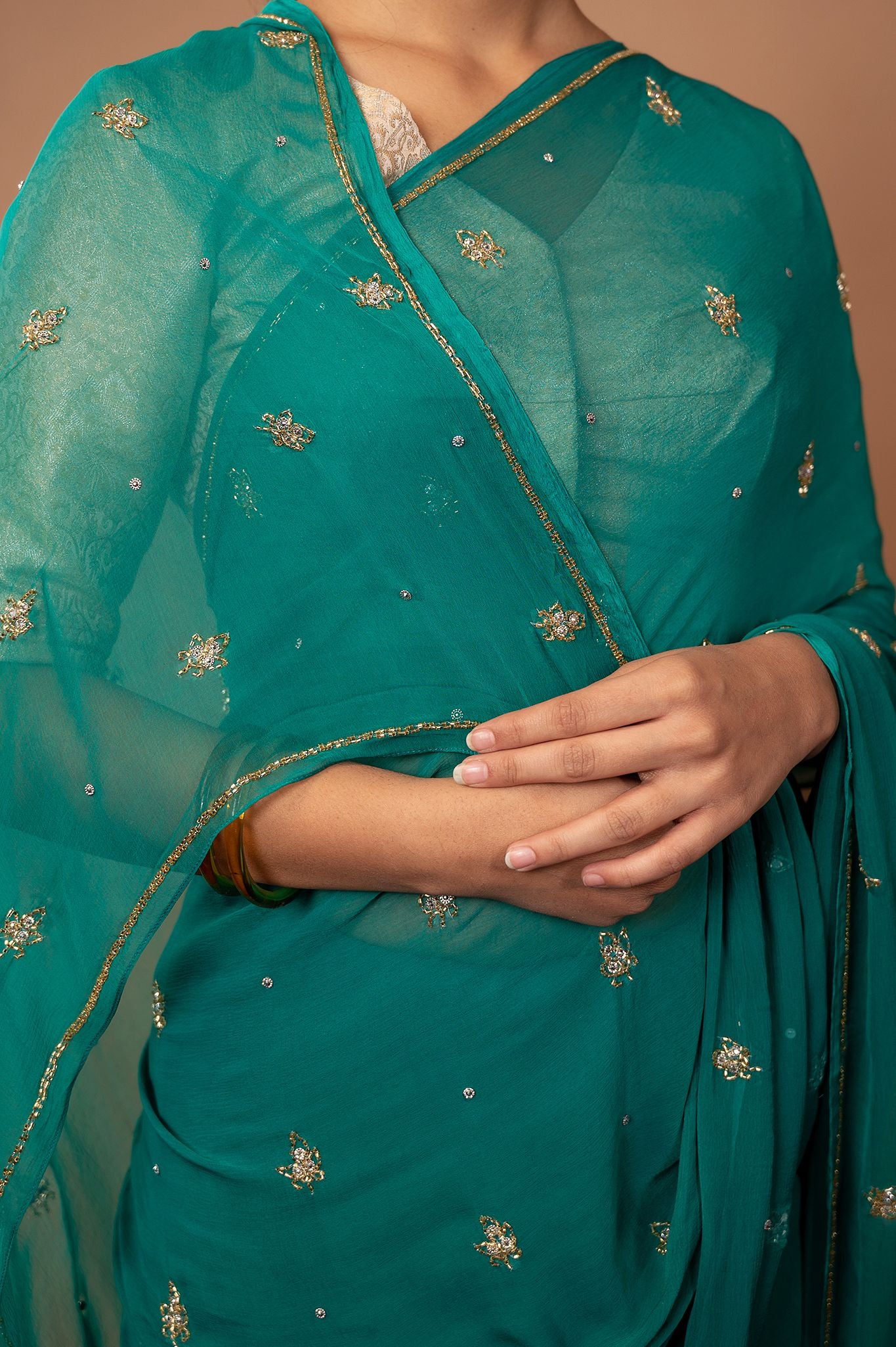 Rama green viscose chiffon kardana motif handwork casual wear saree