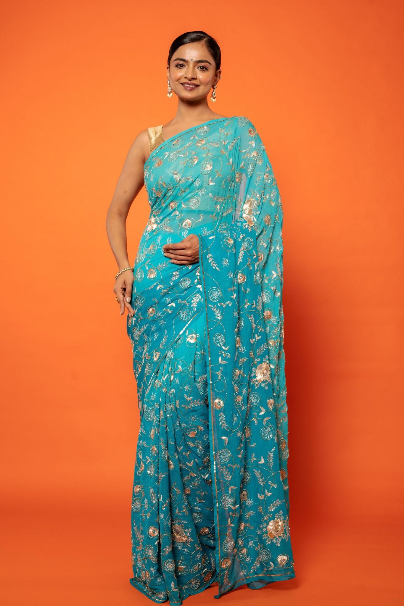 Firozi Light Dark pure chiffon aari sequins jaal handwork saree