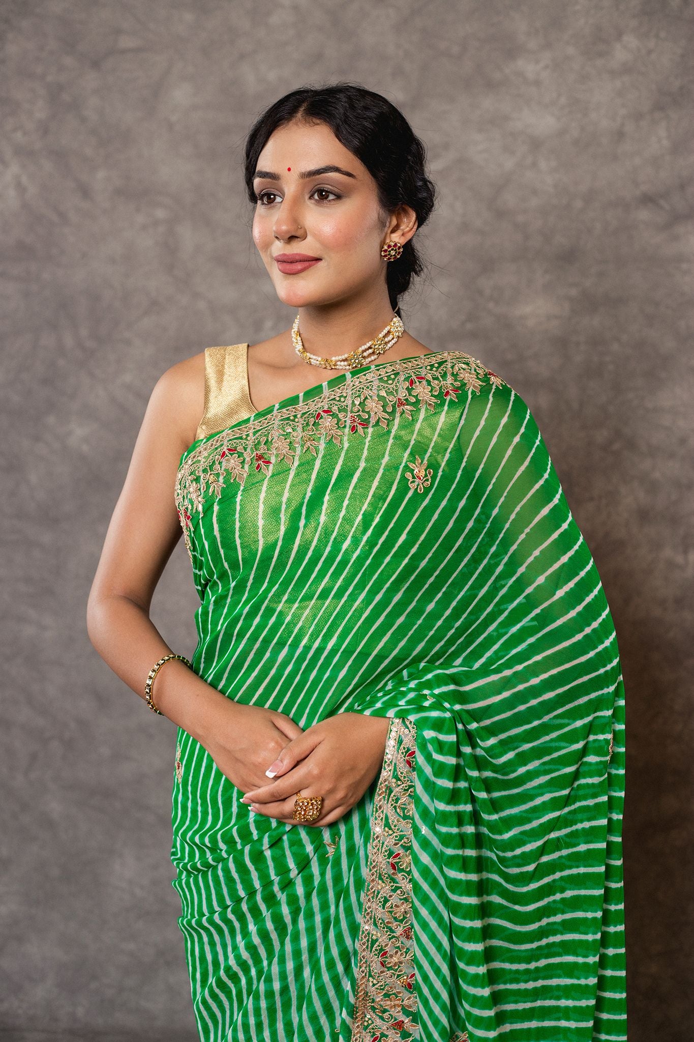 Green lehariya Pure Georgette 20 Gsm gota pati border butti handwork traditional wear saree