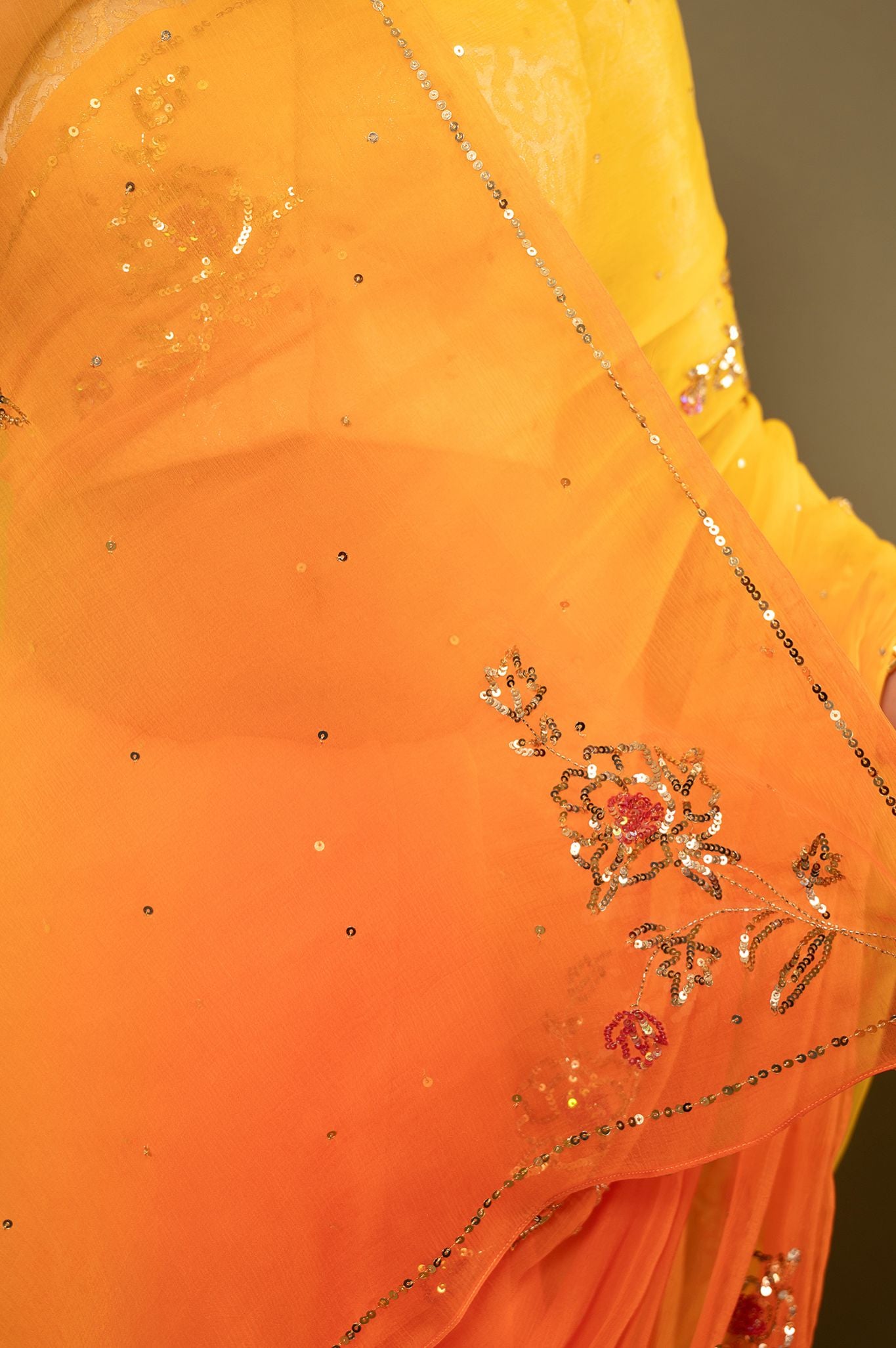 Orange yellow light dark viscose chiffon sequins motif handwork casual wear saree