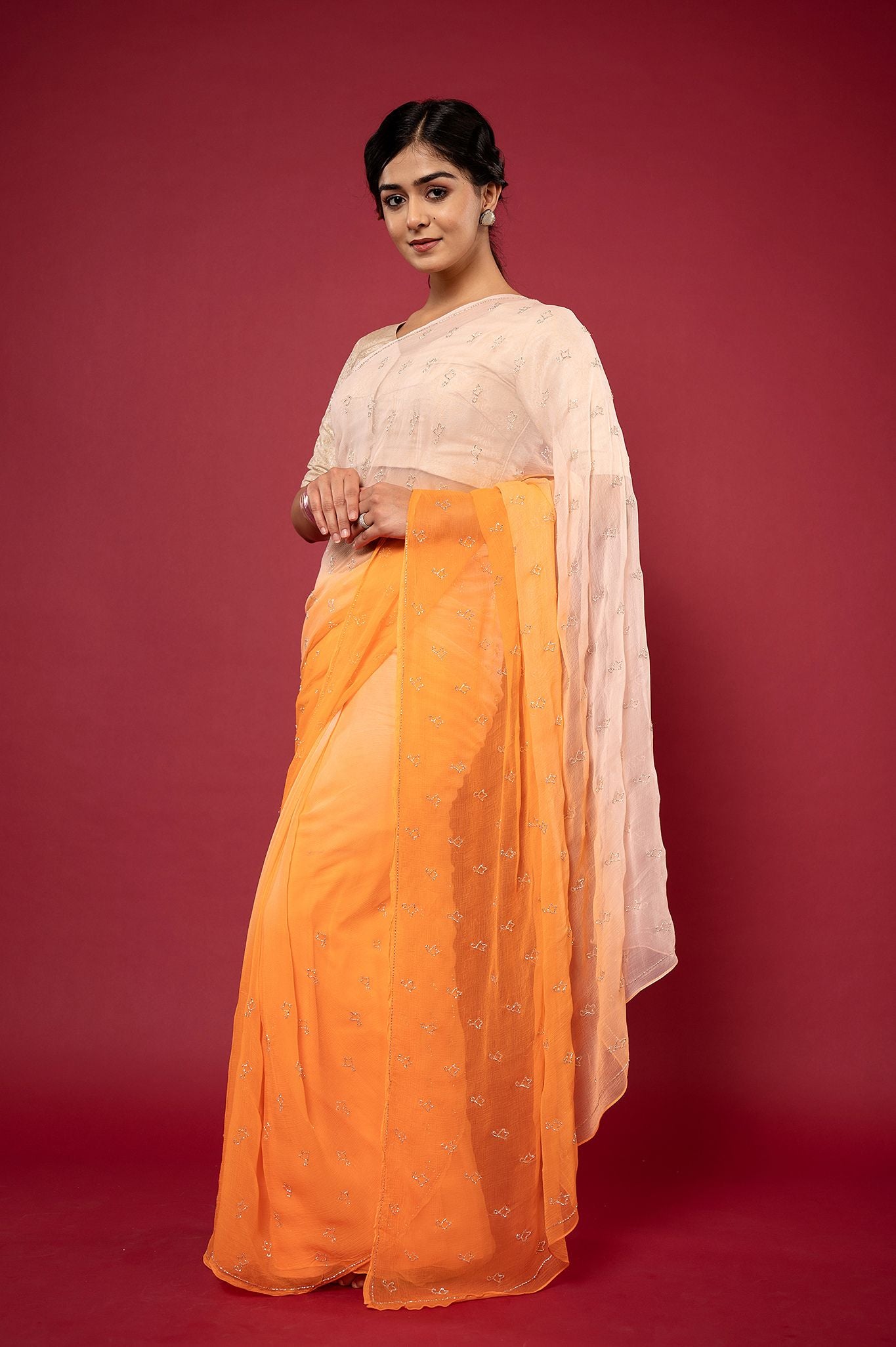 Peach light dark viscose chiffon kardana motif handwork casual wear saree