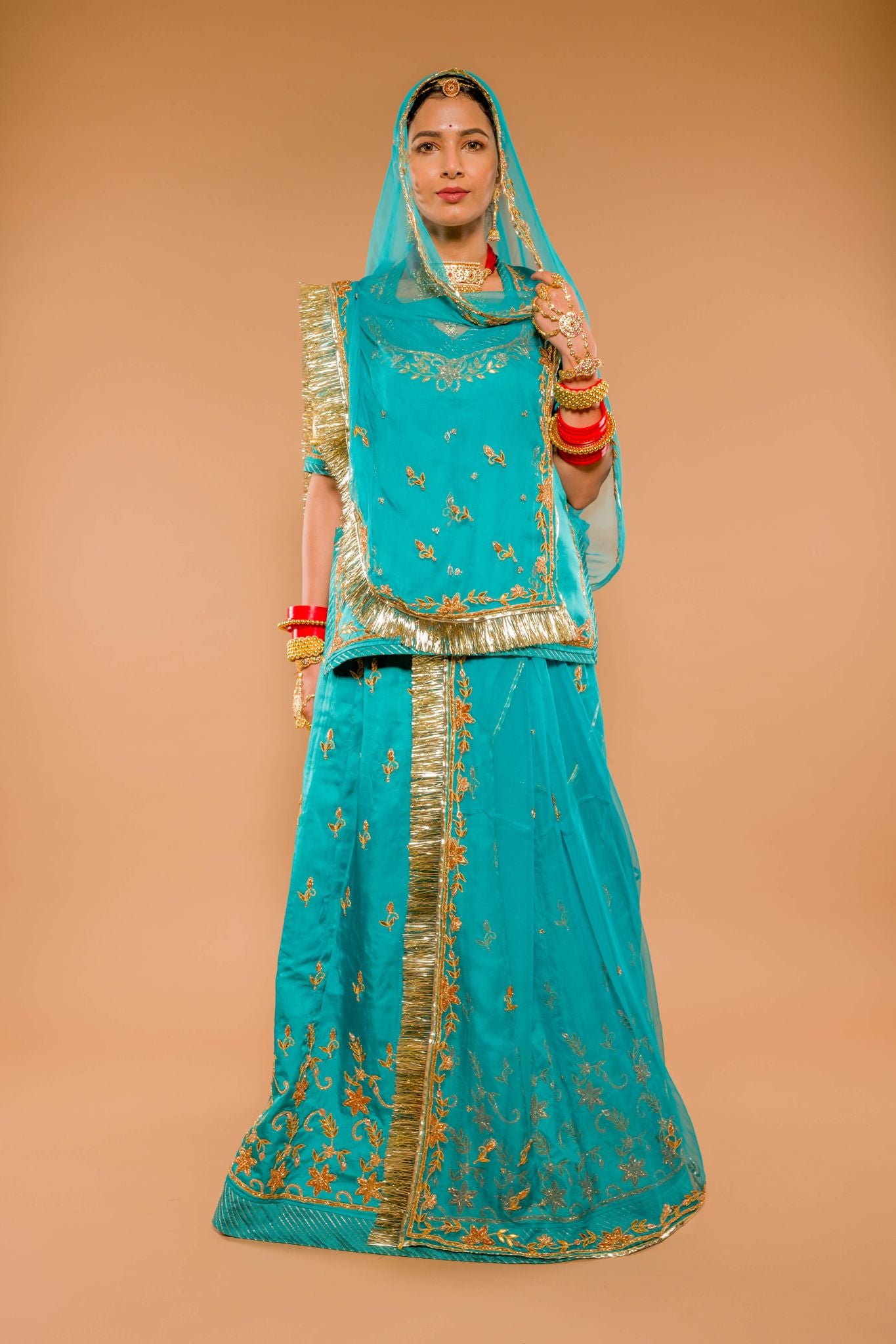 Rama Blue bamber satin gota pati zardozi handwork poshak with pure odhna