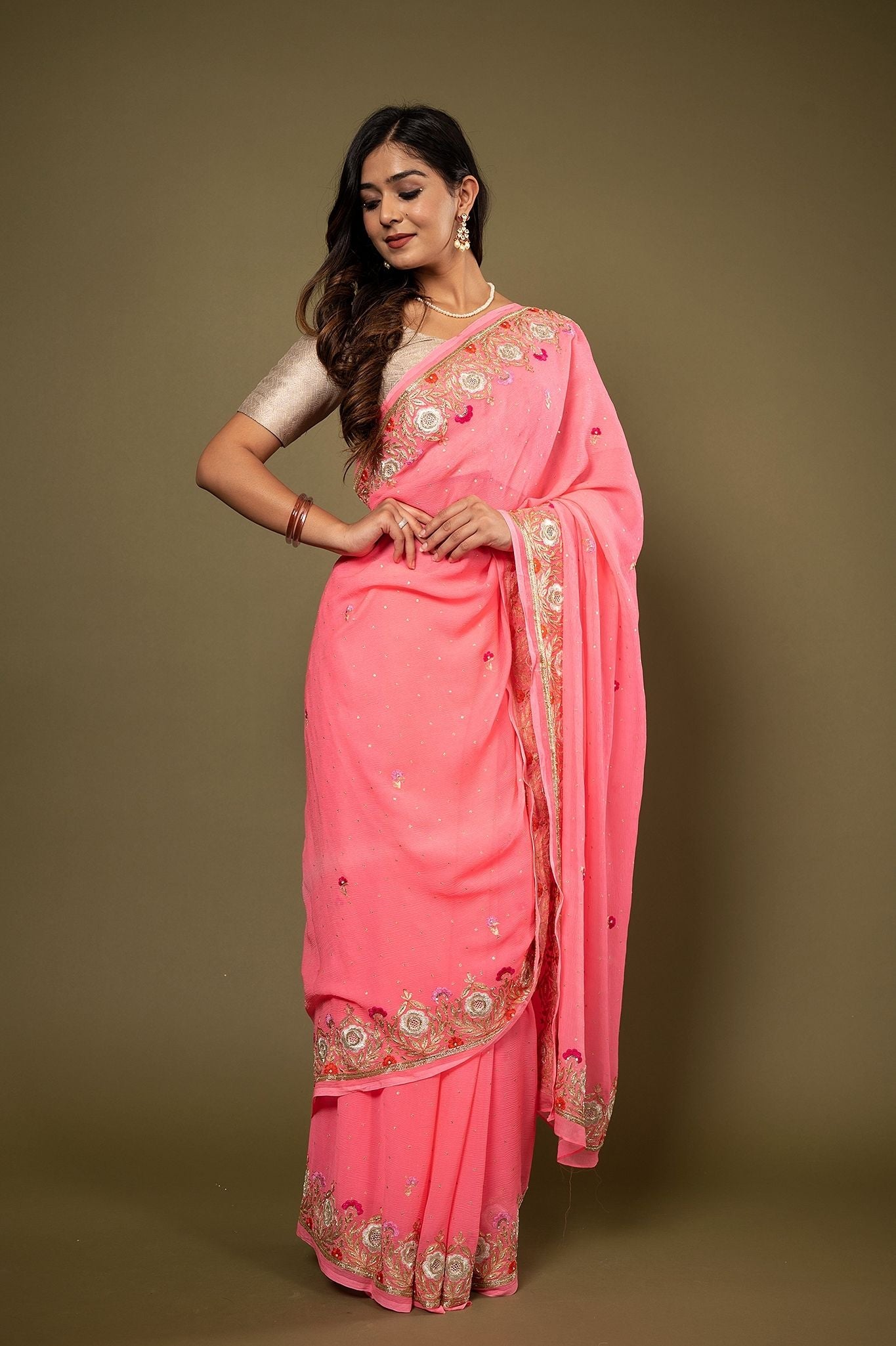 Neon Pink pure chiffon aari resham border butti handwork saree