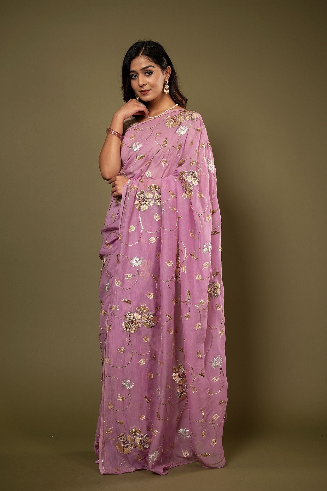Lavender pure chiffon aari sequins jaal handwork saree