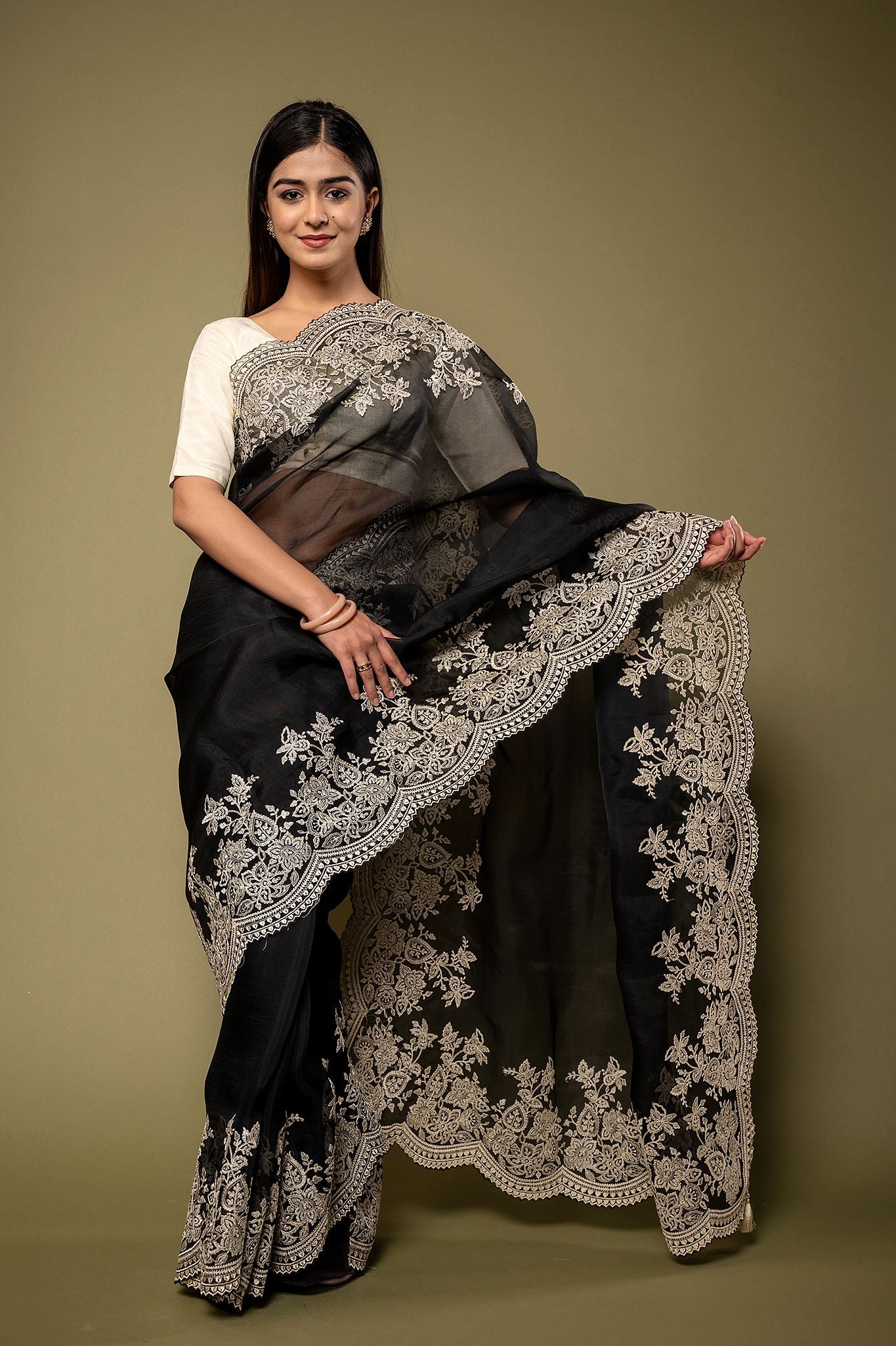 Black Organza dabka marodi border butti handwork saree
