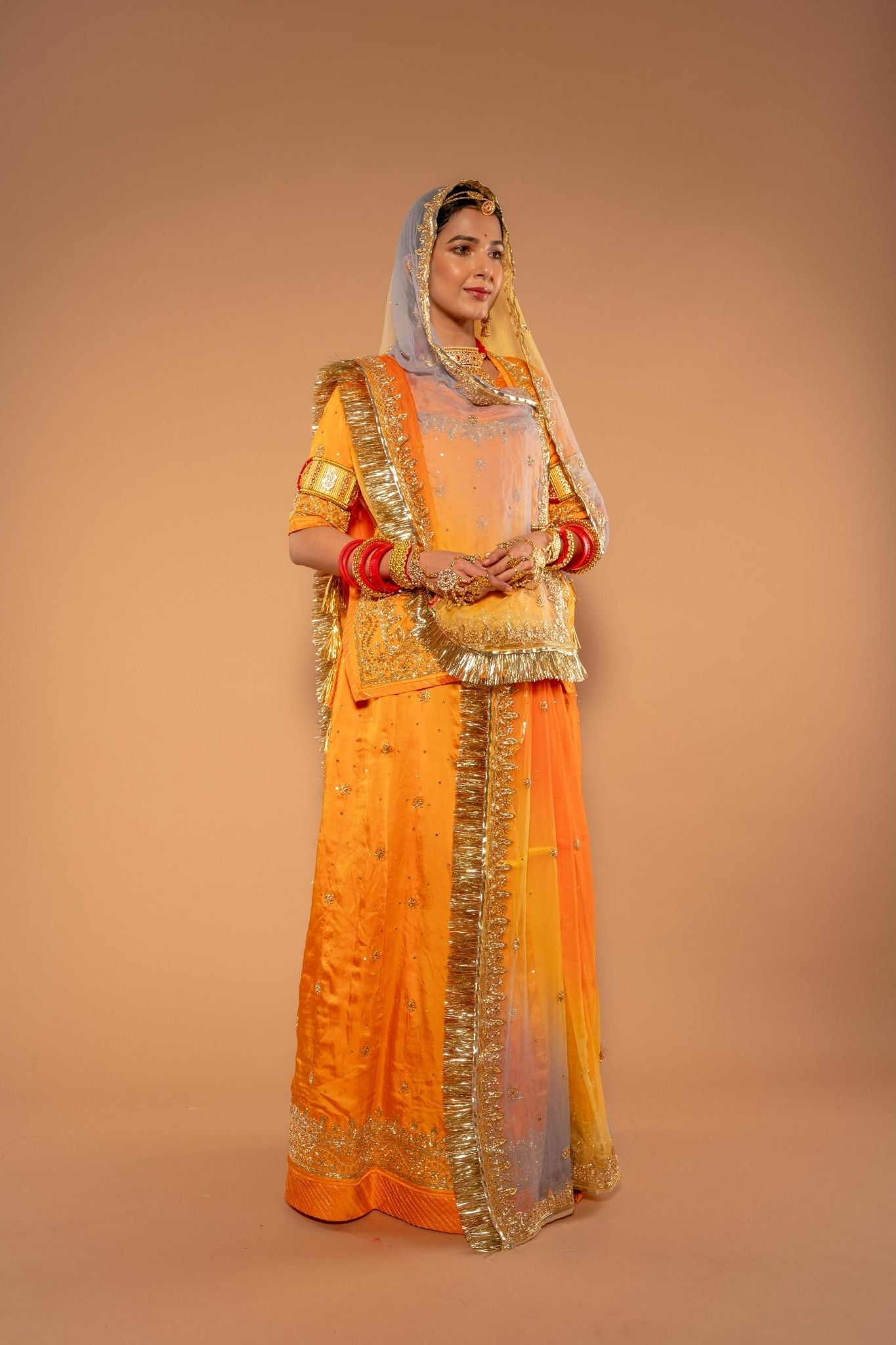 orange bamber satin zardozi handwork poshak with pure odhna