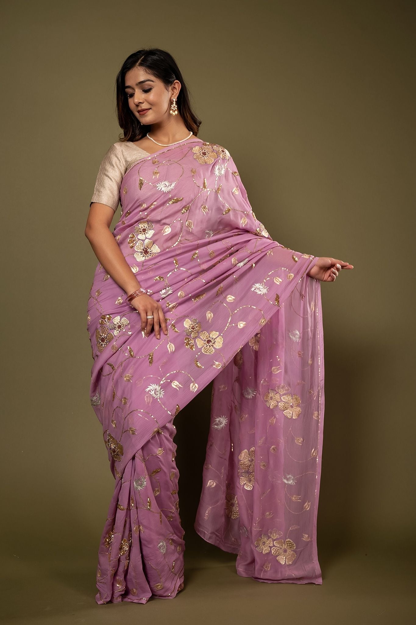 Lavender pure chiffon aari sequins jaal handwork saree