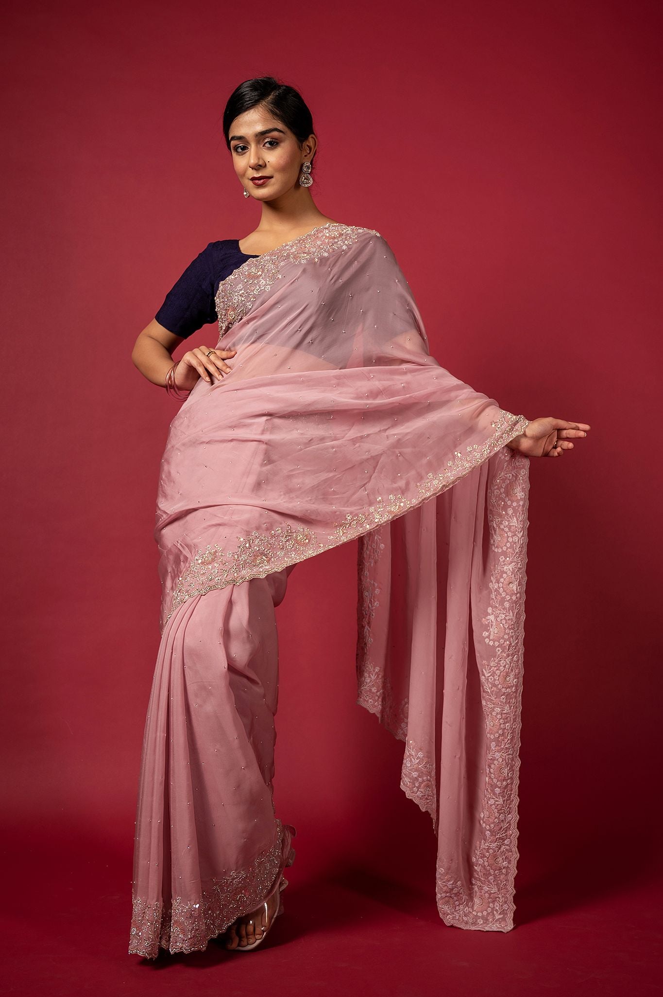 Pink organza fancy work handwork saree