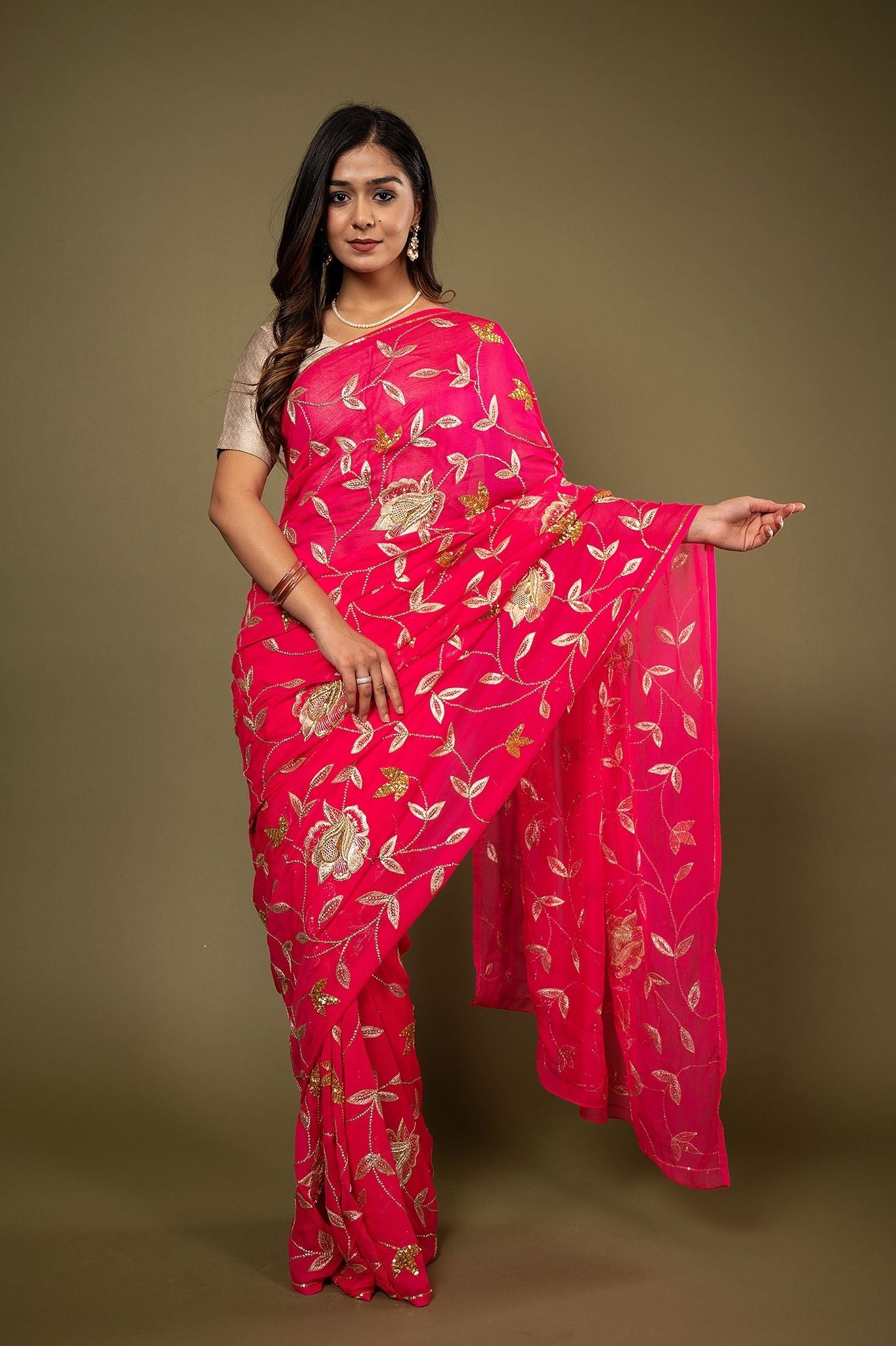 Rani pure chiffon aari sequins jaal handwork saree