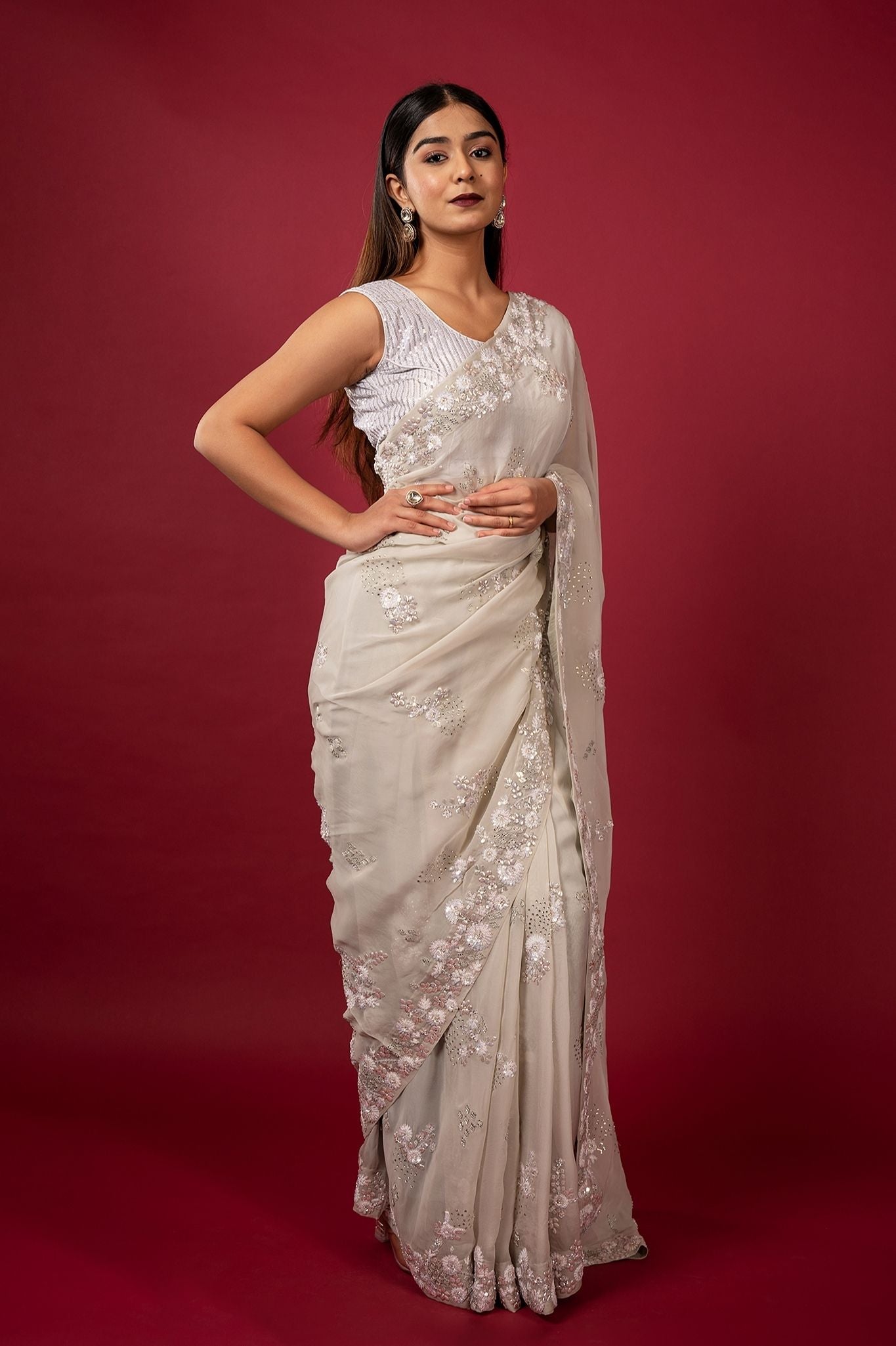 Milky grey organza sequins stone fancy work handwork saree