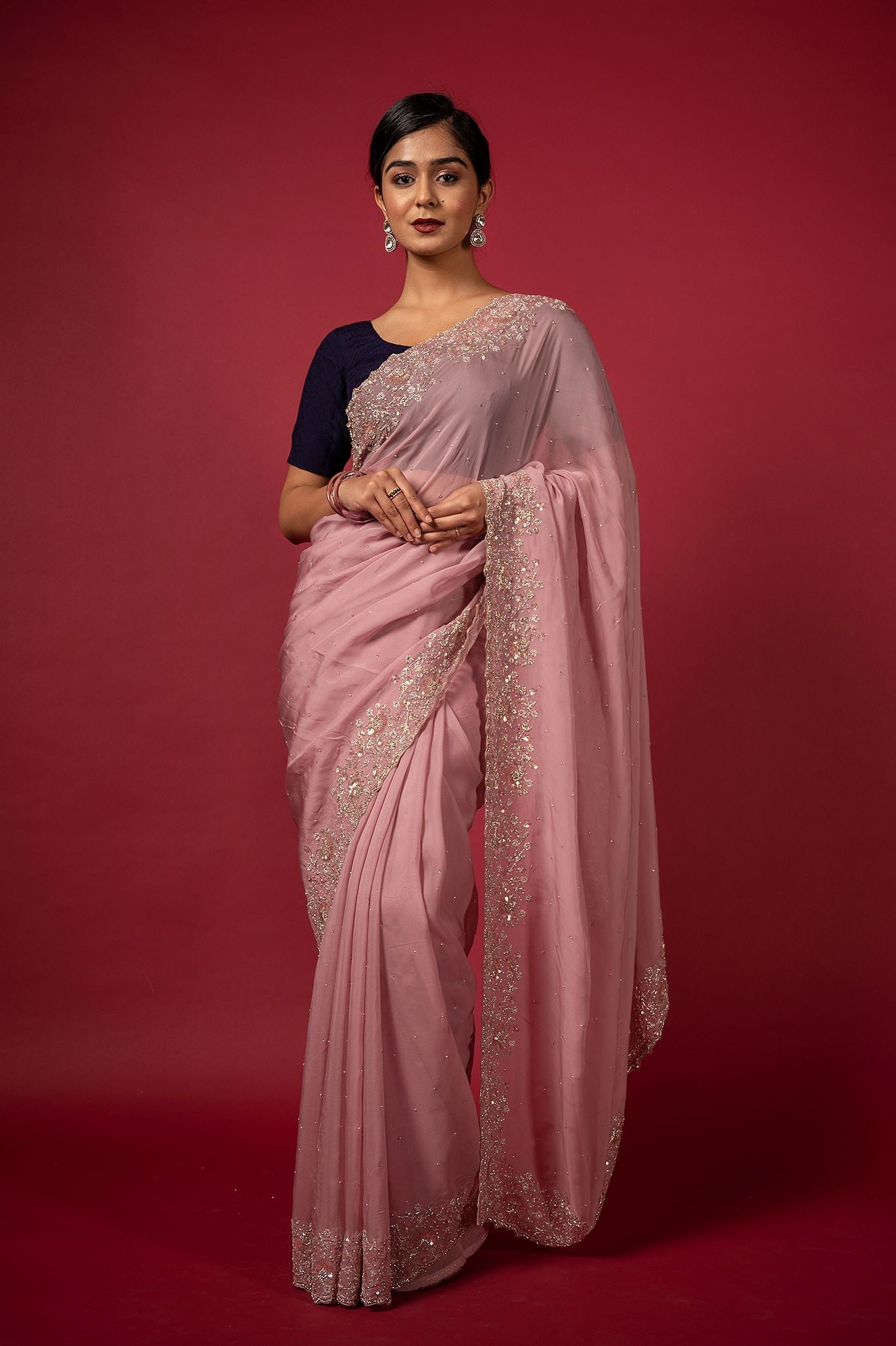 Pink organza fancy work handwork saree