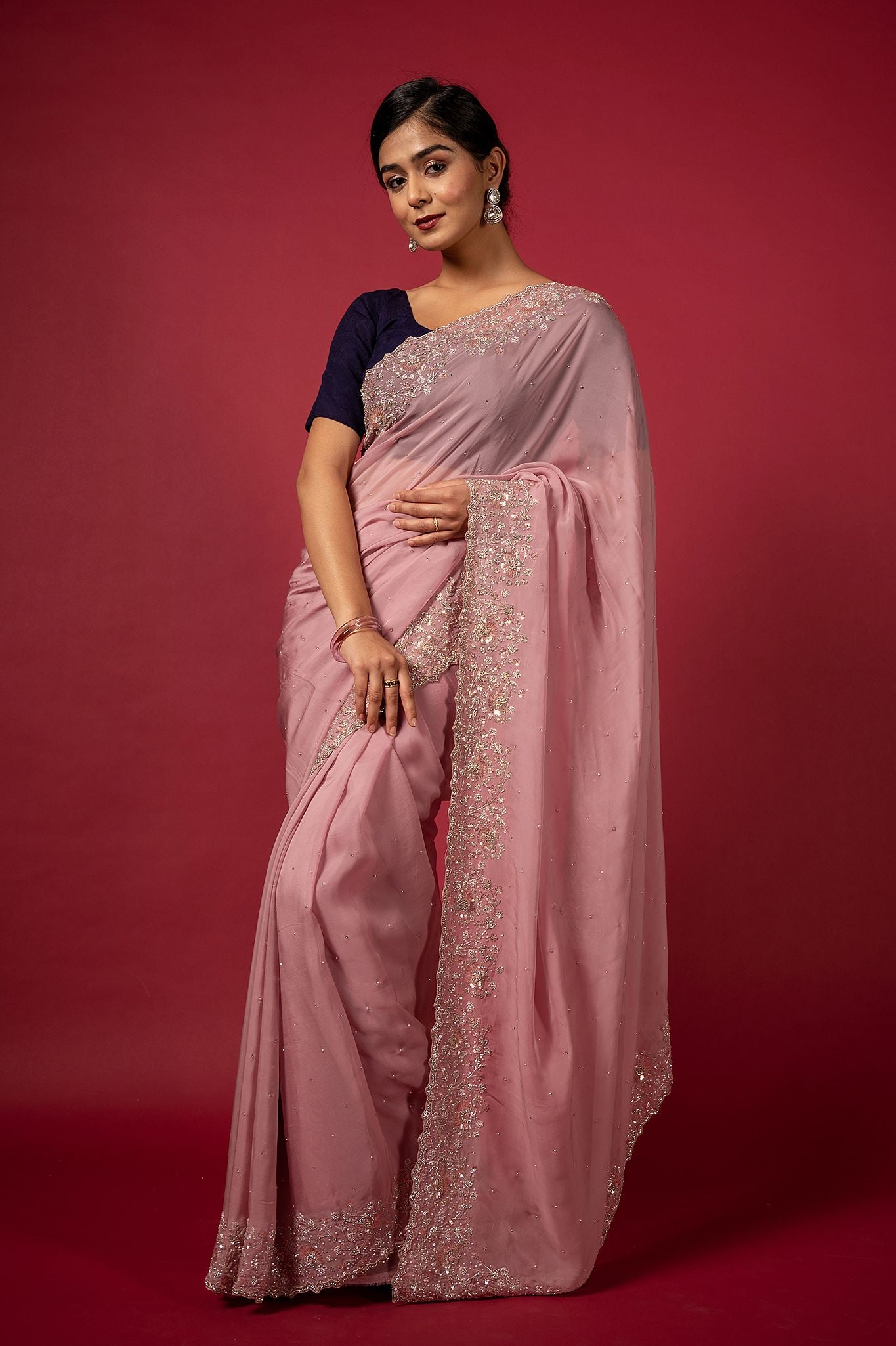Pink organza fancy work handwork saree