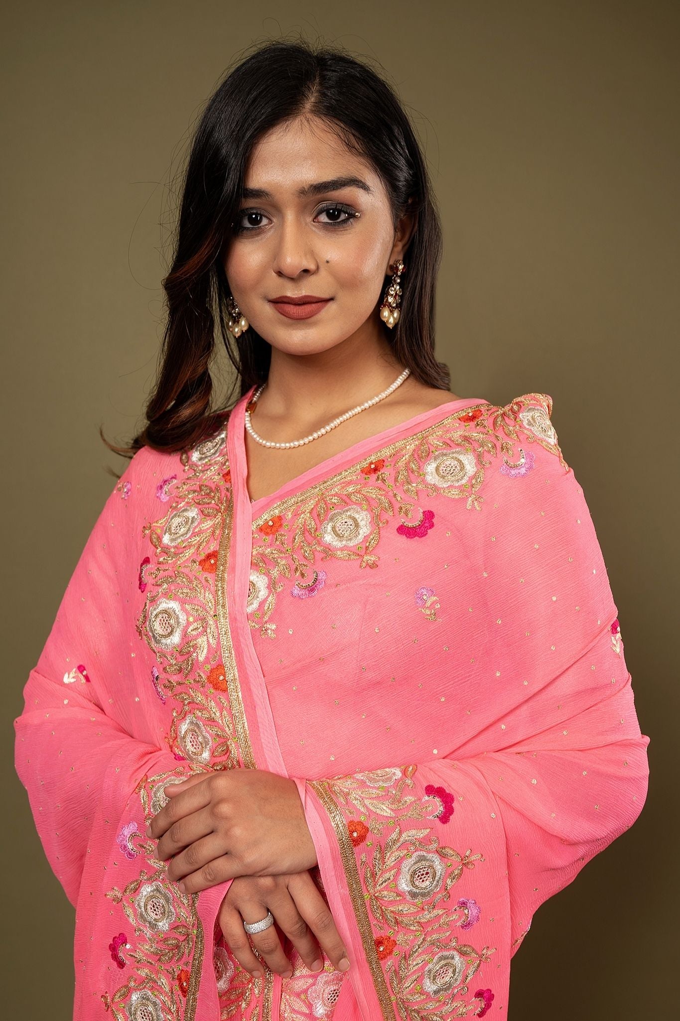 Neon Pink pure chiffon aari resham border butti handwork saree