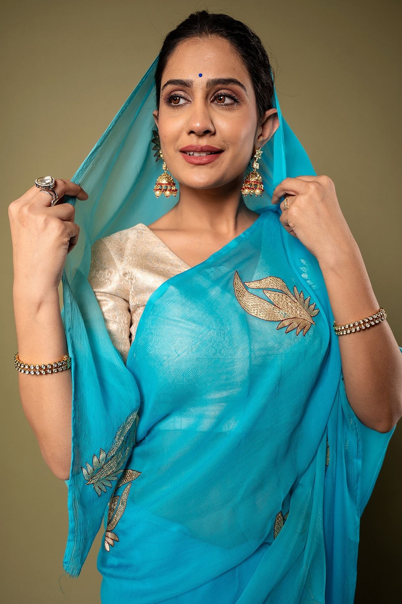 Sky Blue Pure Chiffon Aari Cut work Motif Handwork Saree