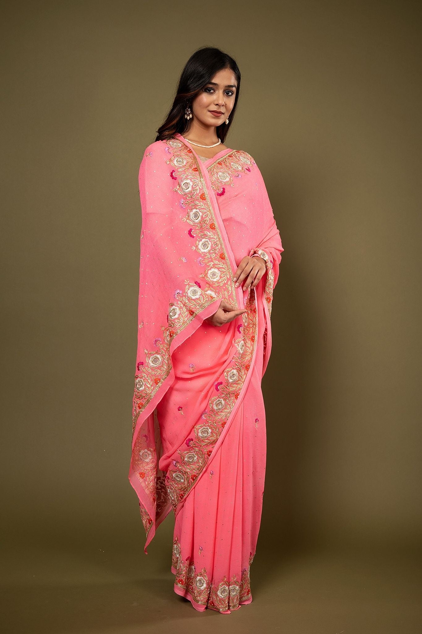 Neon Pink pure chiffon aari resham border butti handwork saree
