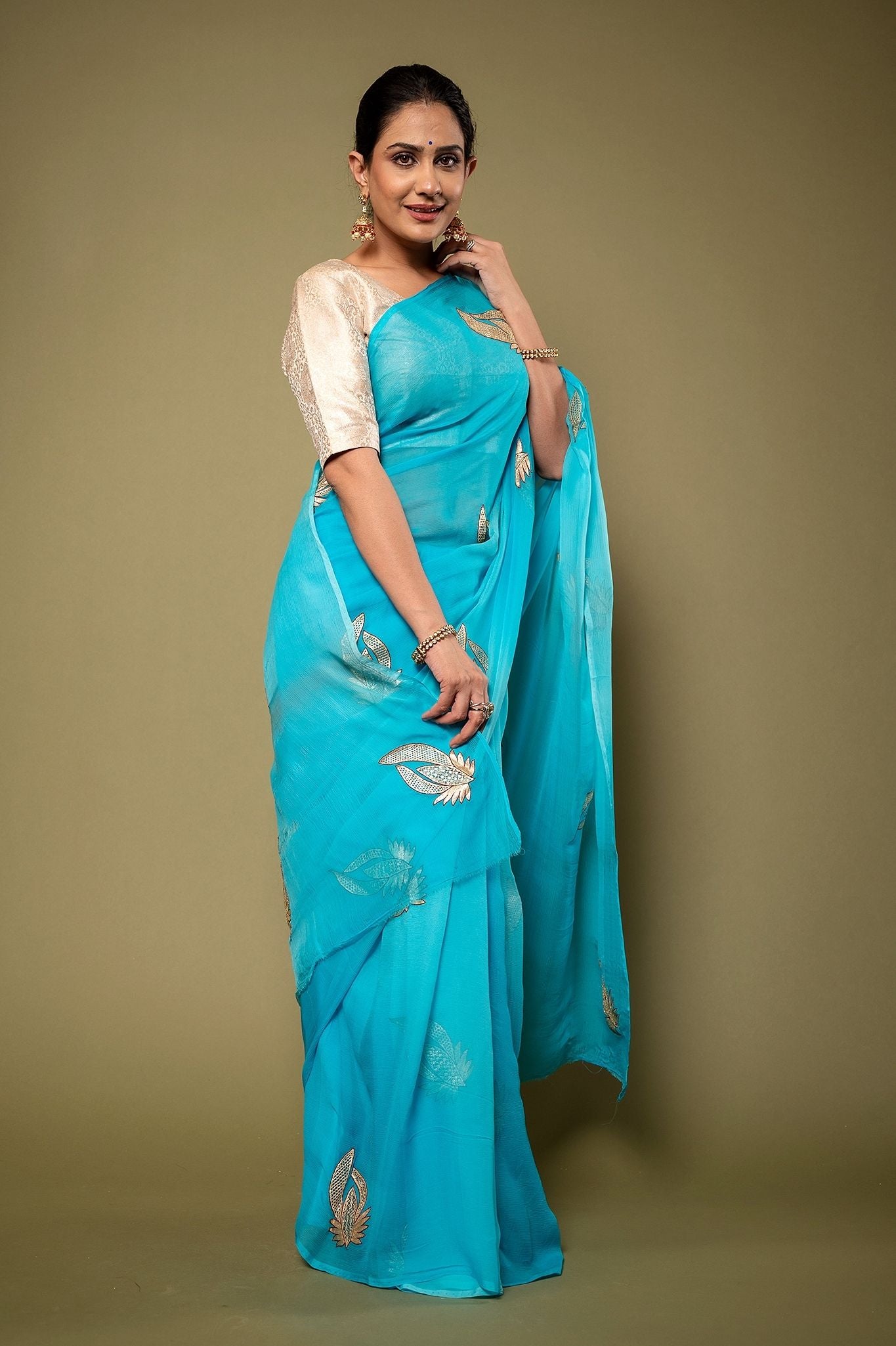 Sky Blue Pure Chiffon Aari Cut work Motif Handwork Saree