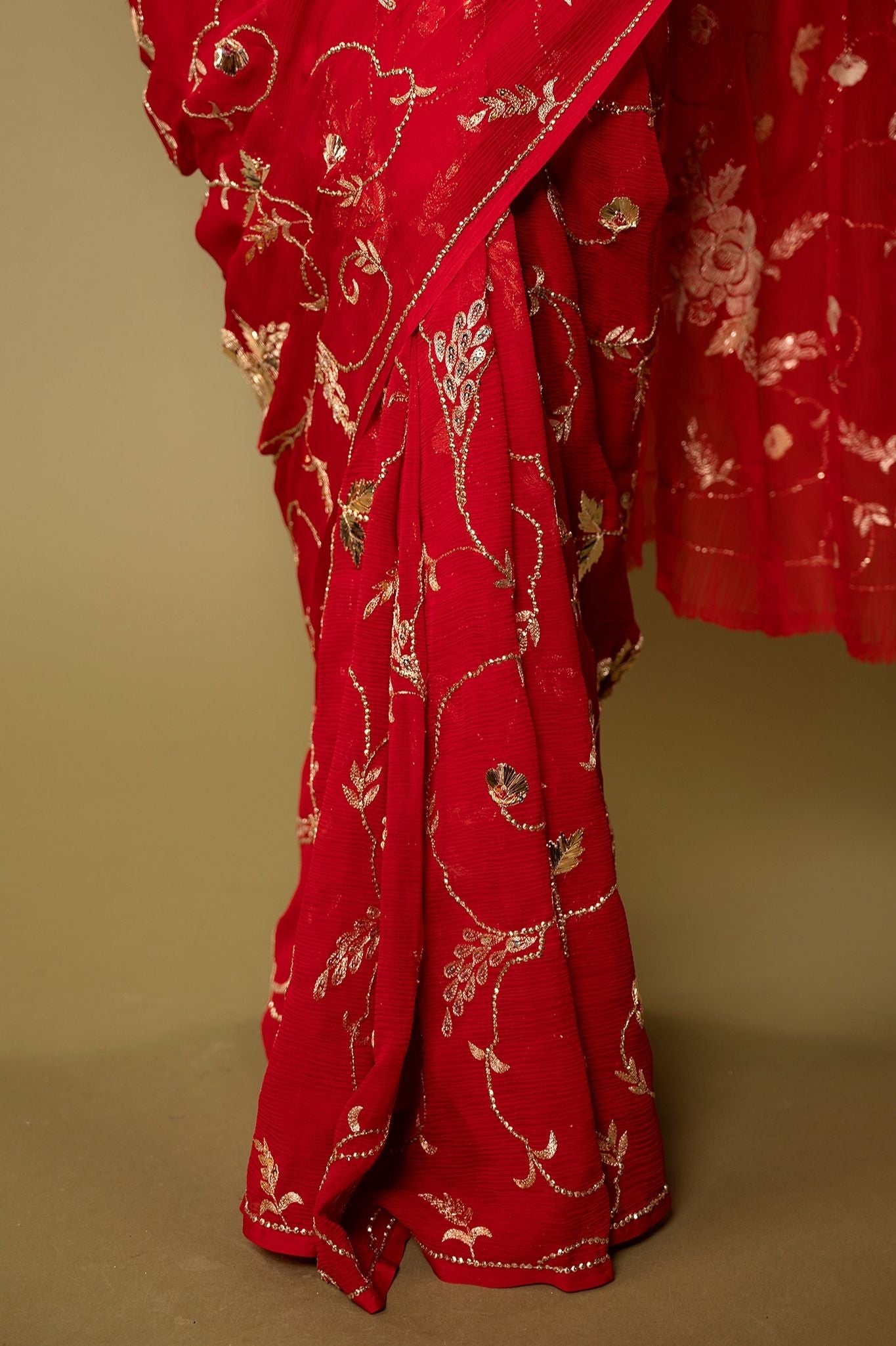 Red Pure chiffon Aari sequins badla jaal handwork saree