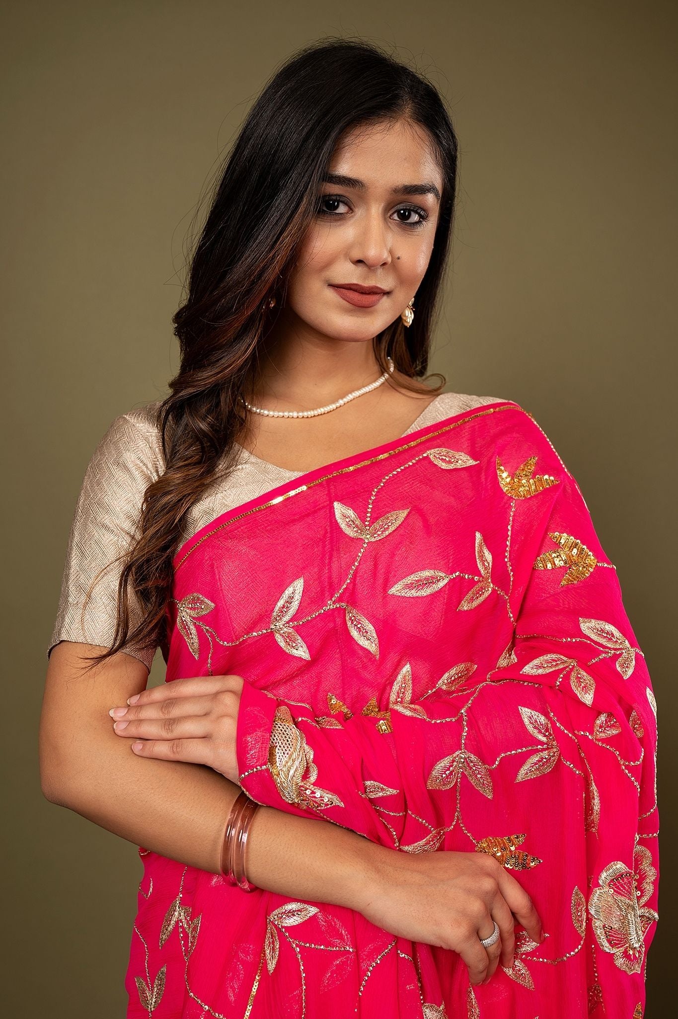 Rani pure chiffon aari sequins jaal handwork saree