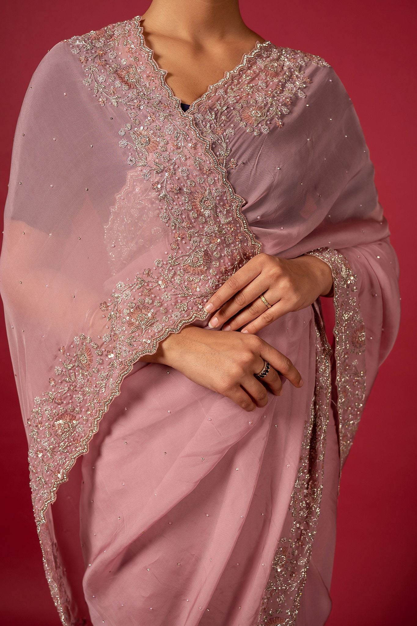 Pink organza fancy work handwork saree