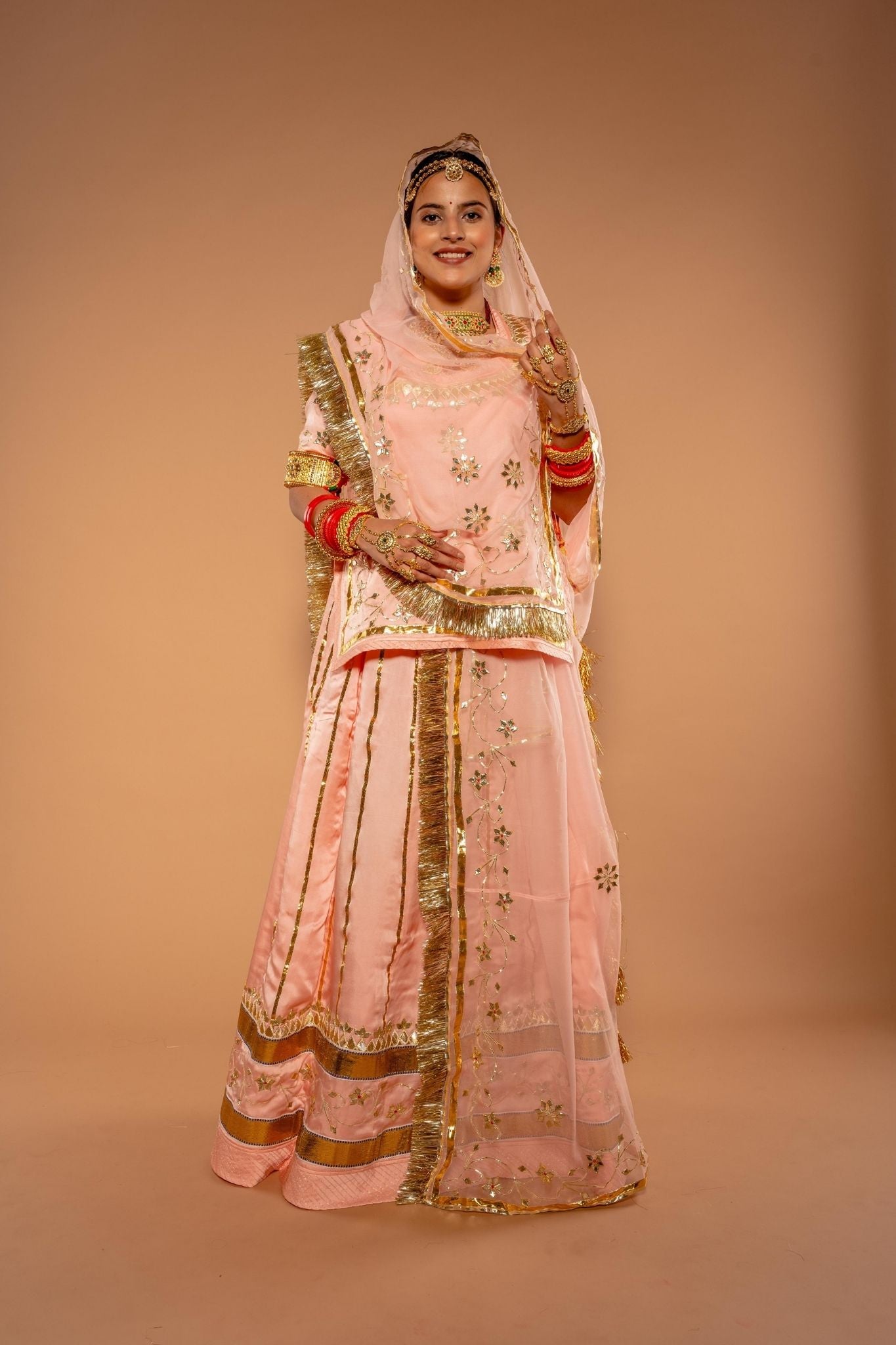peach bamber satin gota patti handwork poshak with pure odhna
