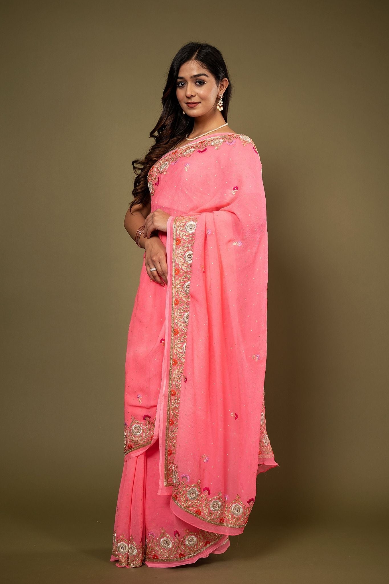 Neon Pink pure chiffon aari resham border butti handwork saree