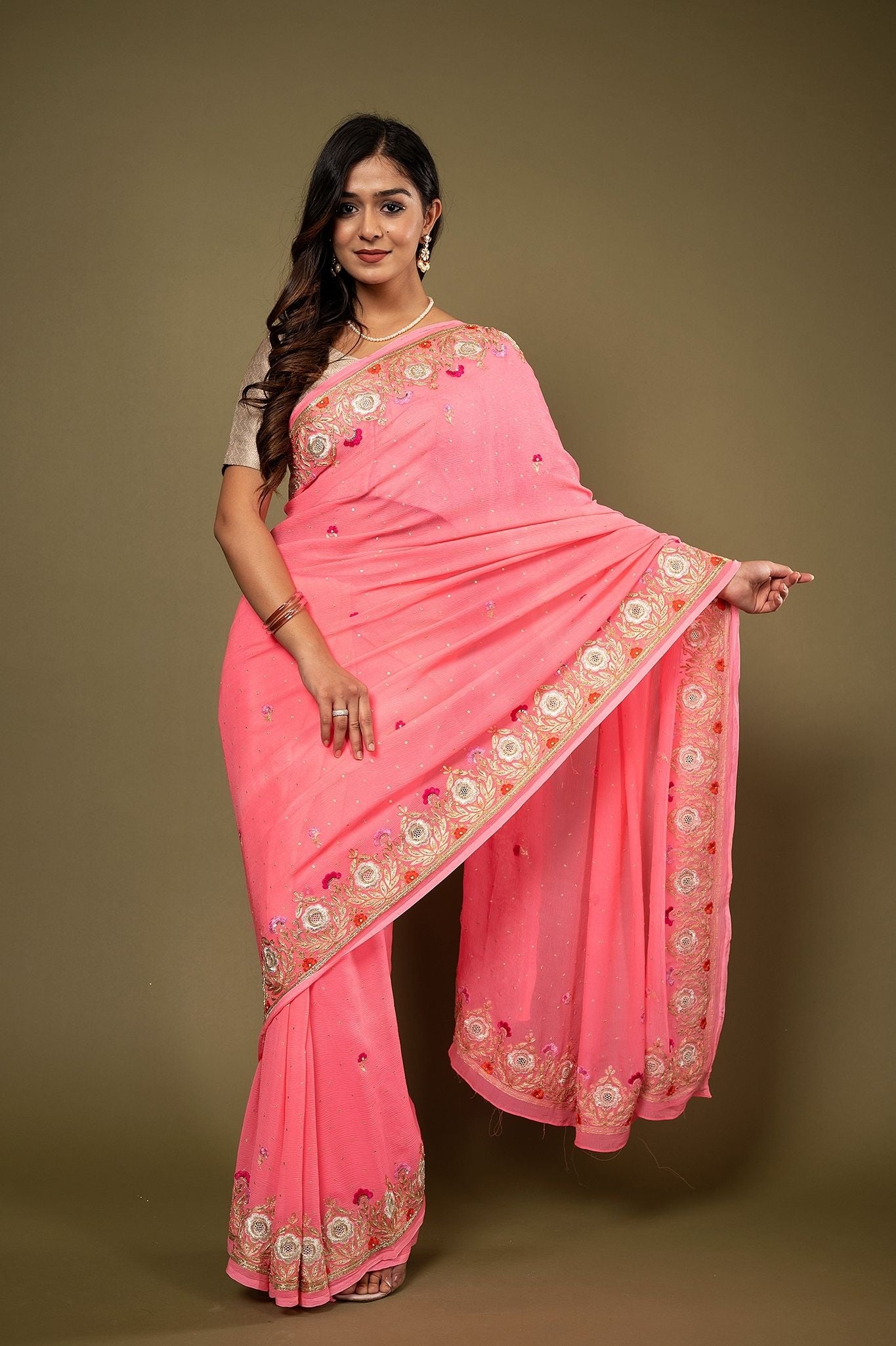 Neon Pink pure chiffon aari resham border butti handwork saree