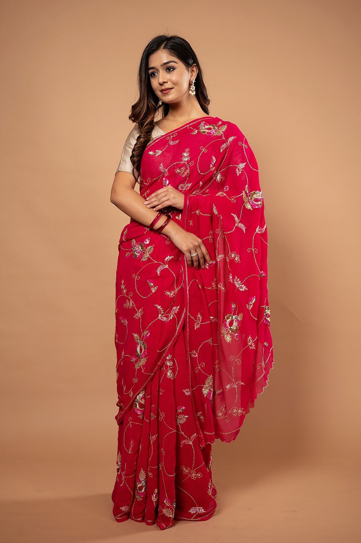Red pure chiffon aari sequins zardozi jaal handwork saree