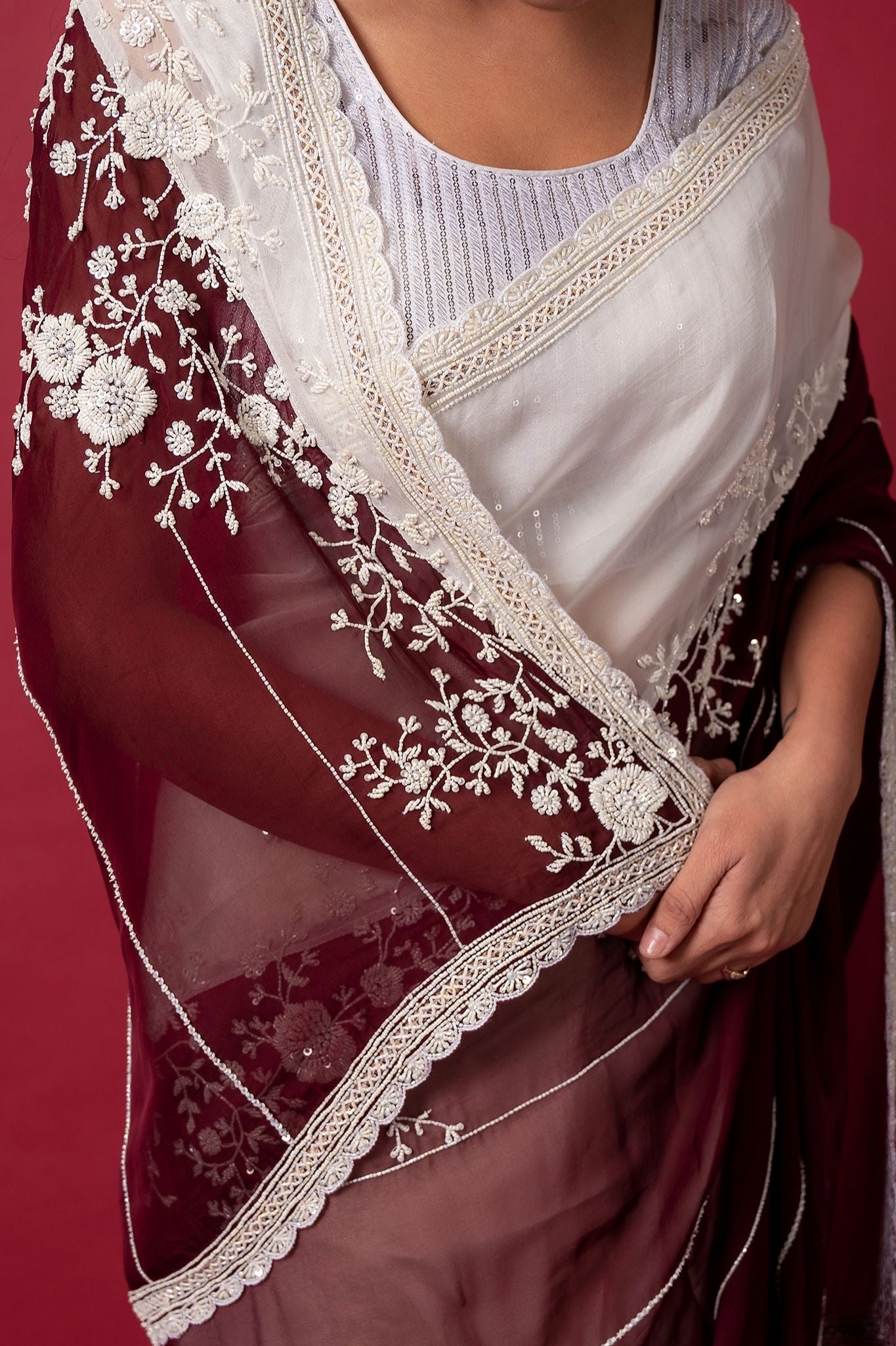 white wine organza pearl sequins handwork saree