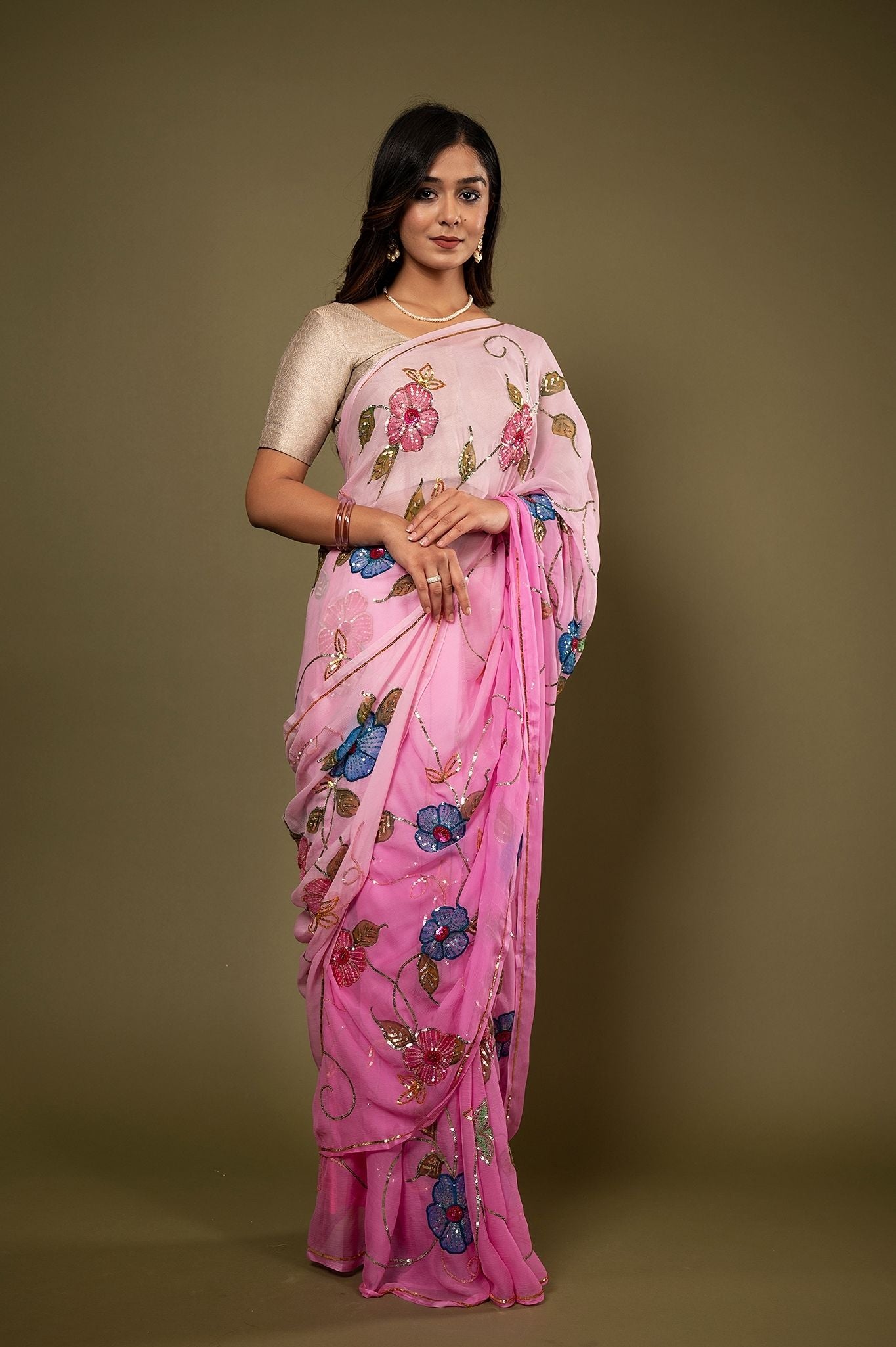 Pink light dark pure chiffon sequins resham handpainting highlight handwork saree