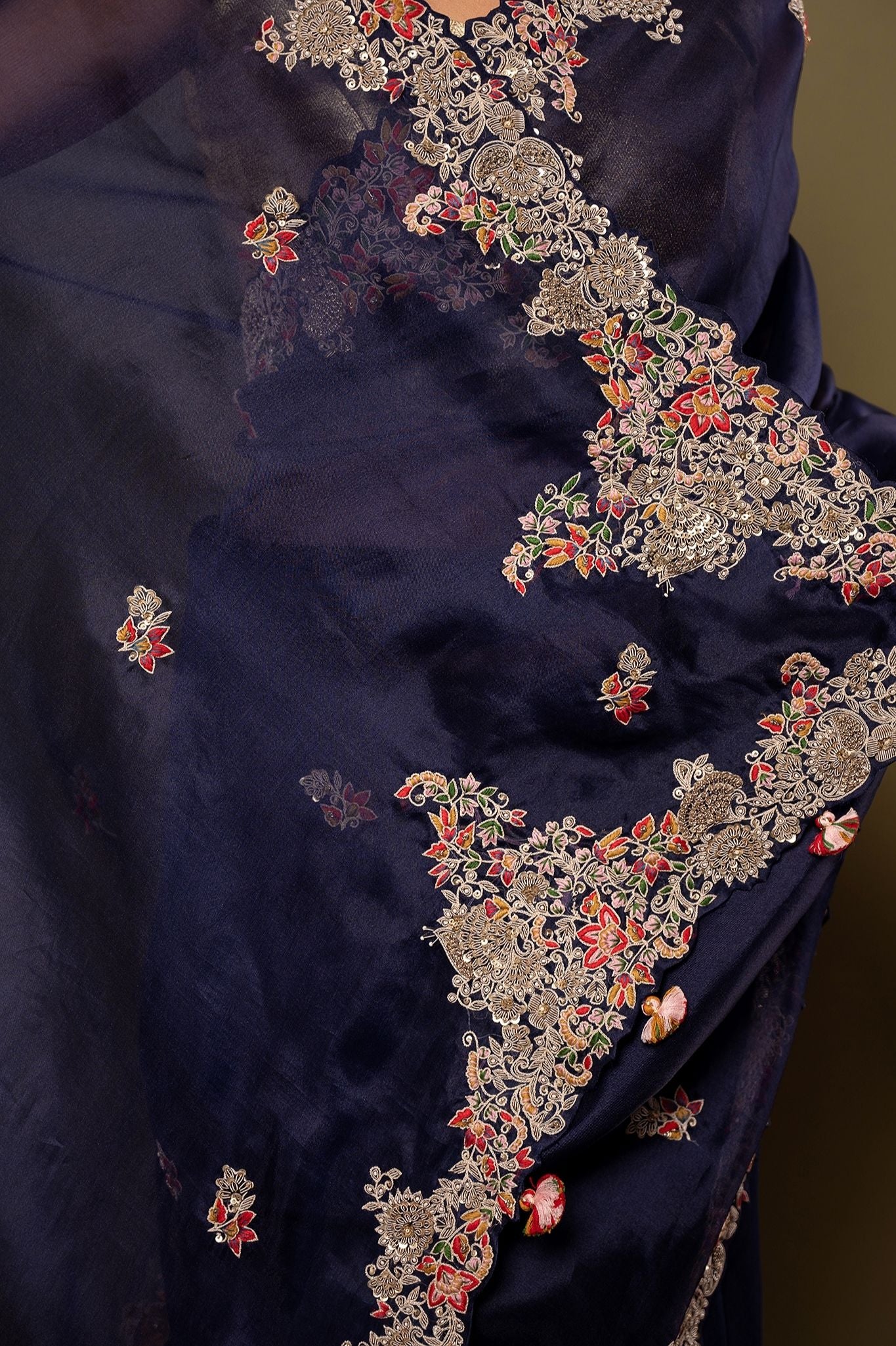 Royal Blue pure organza Dapka Marodi Zardozi border butti handwork saree