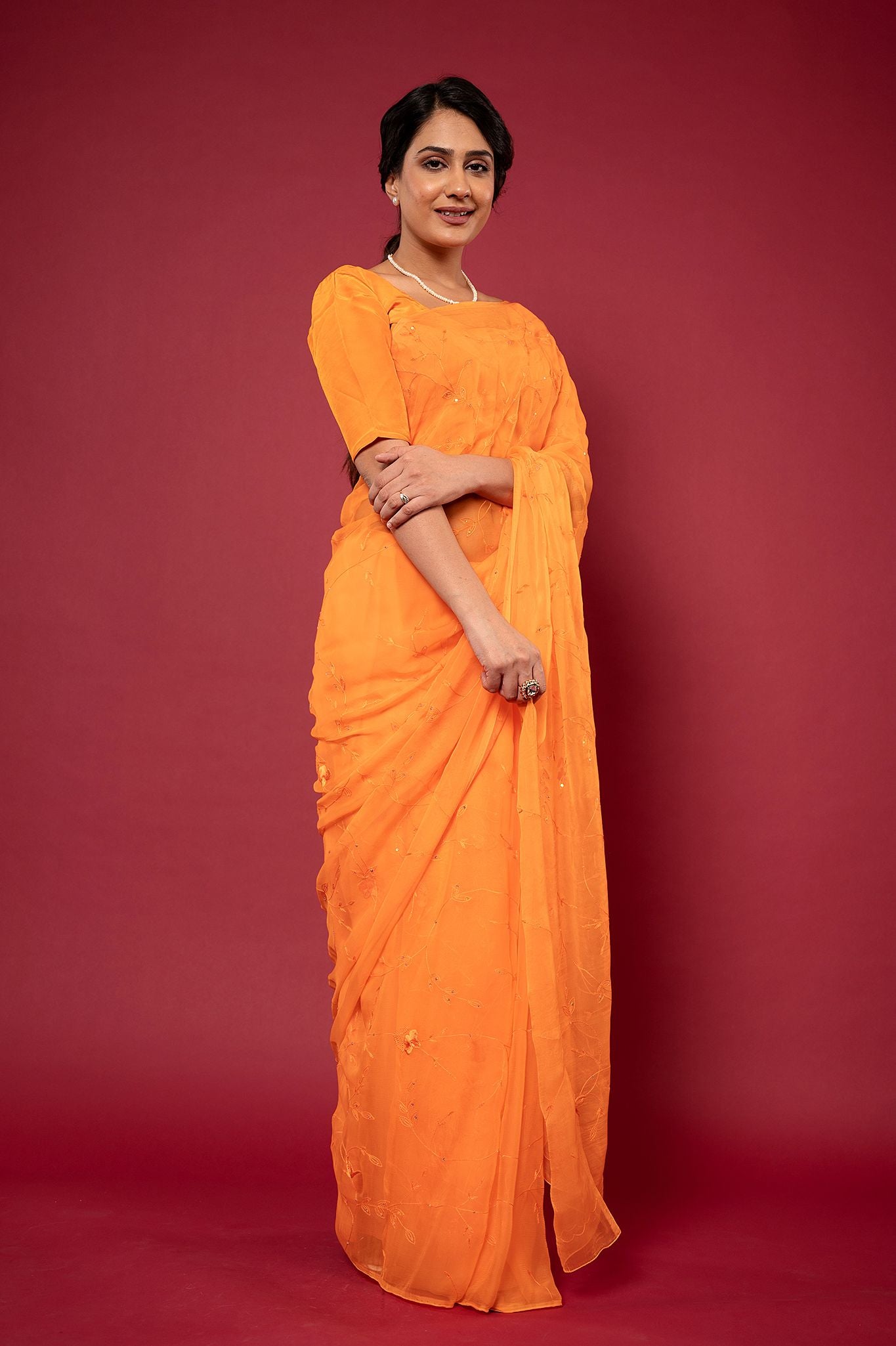 Orange viscose chiffon Resham Sequins jaal handwork casual wear saree