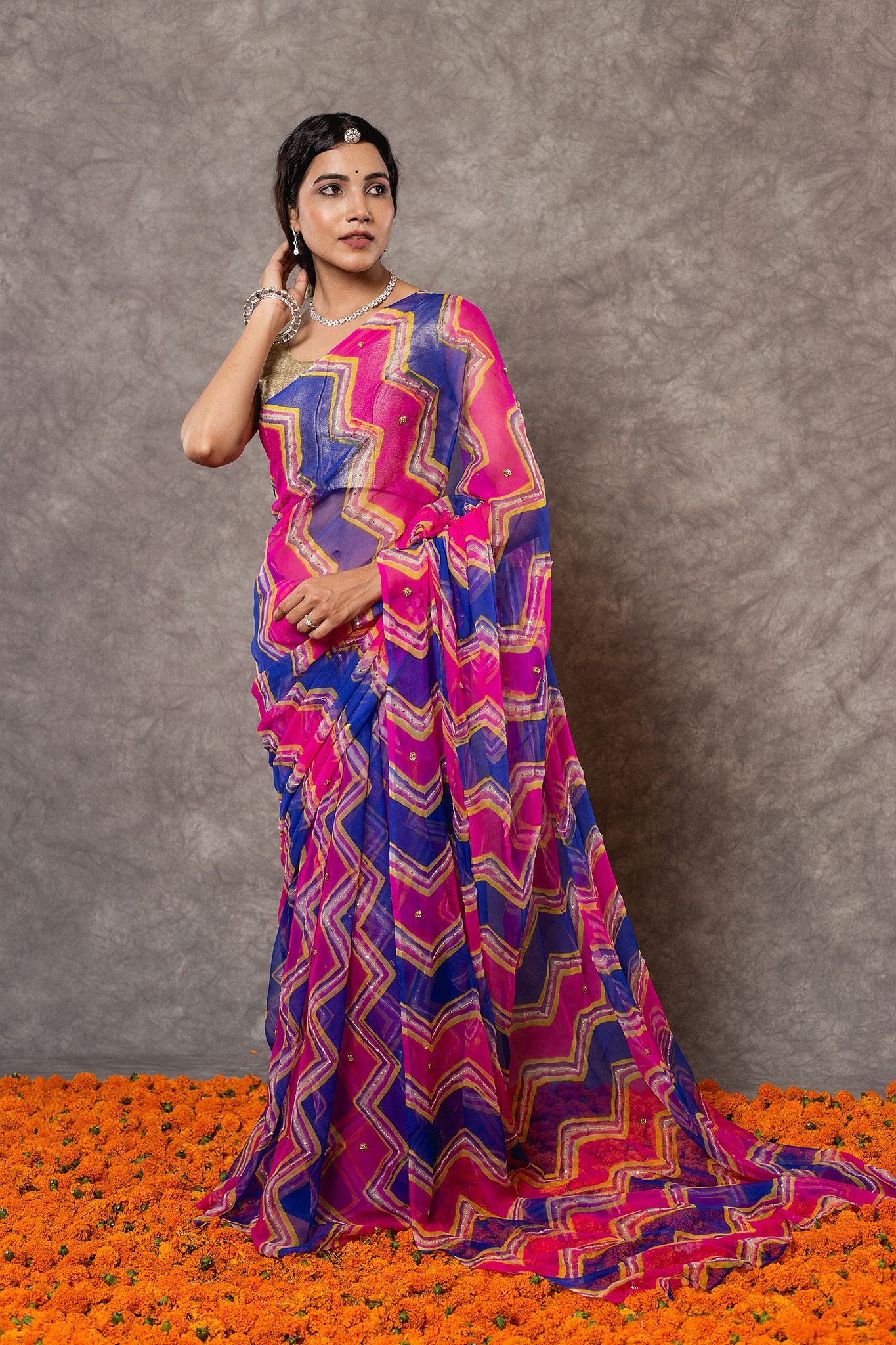 Bhopal shahi Lehariya Pure Georgette 20 Gsm aari sequins handwork traditional wear saree