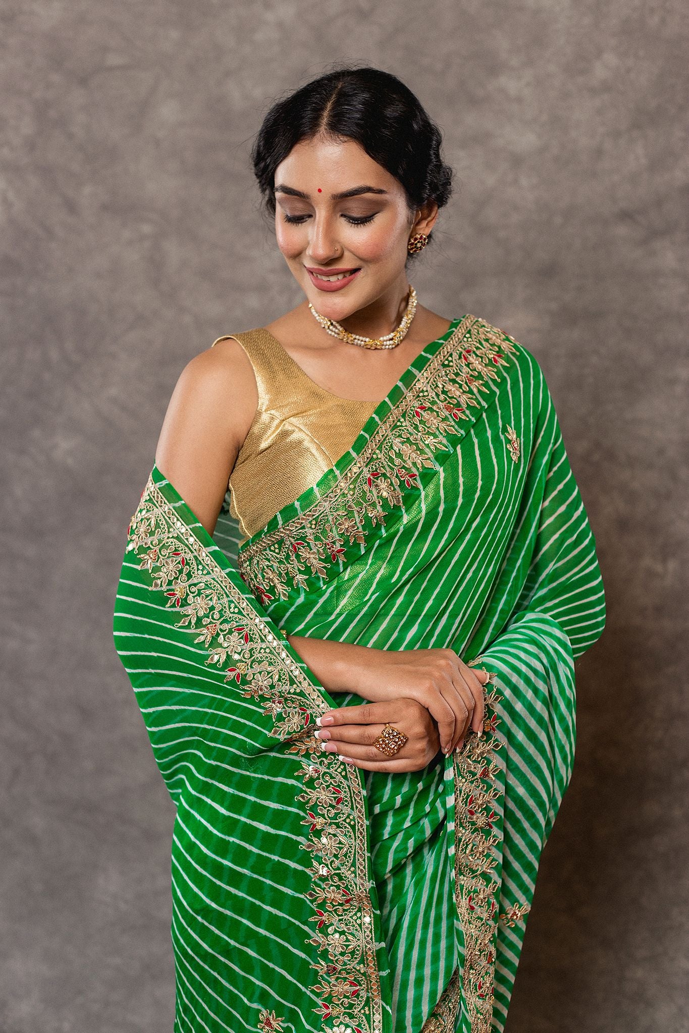 Green lehariya Pure Georgette 20 Gsm gota pati border butti handwork traditional wear saree