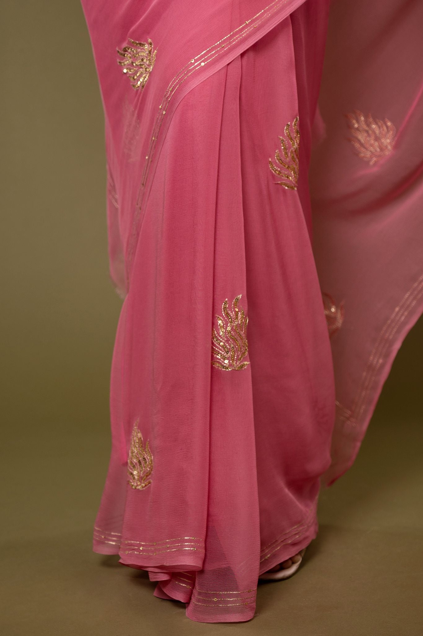 Pink viscose chiffon aari sequins motif handwork casual wear saree