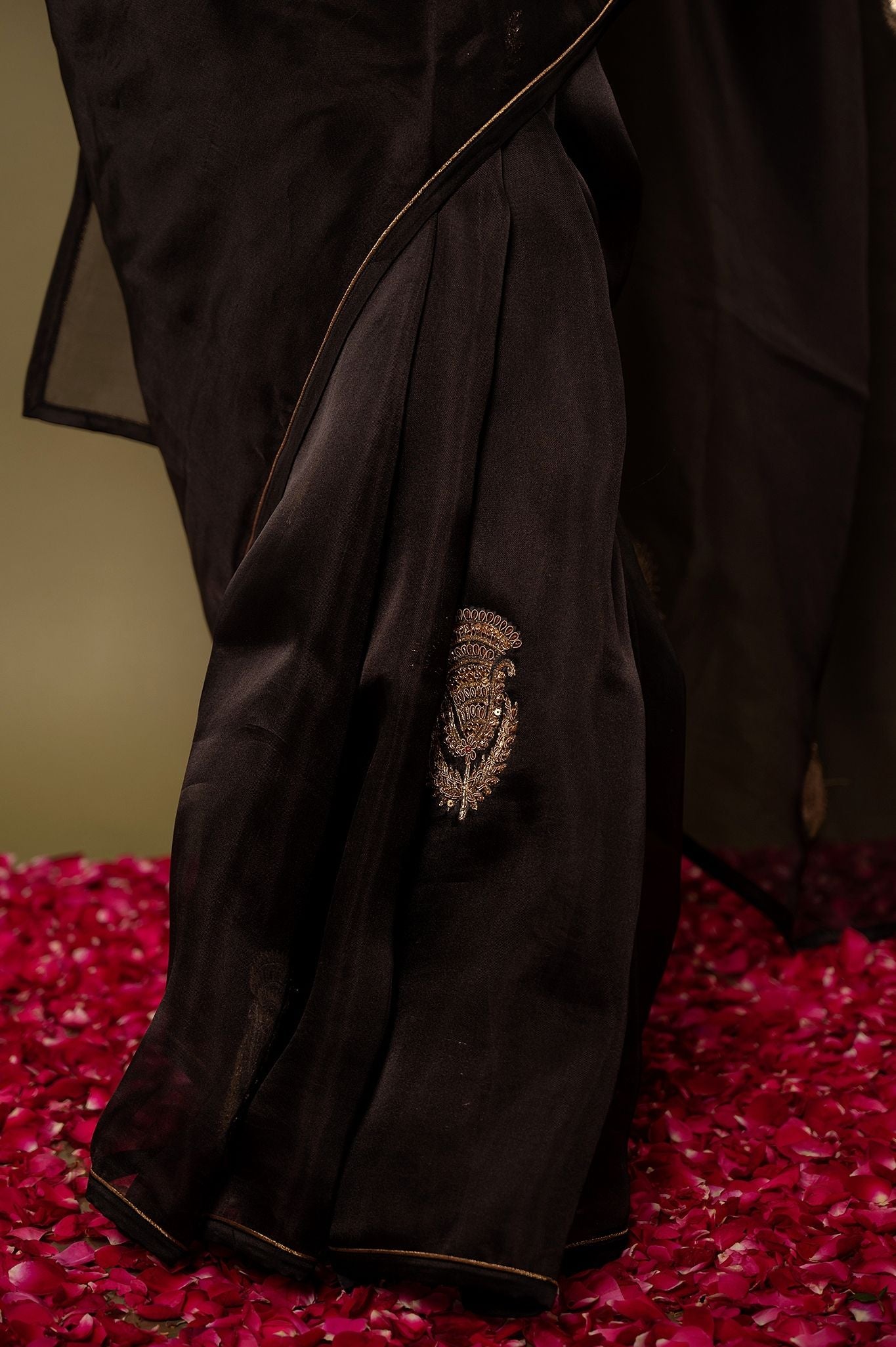 Black pure organza zardozi motif handwork saree