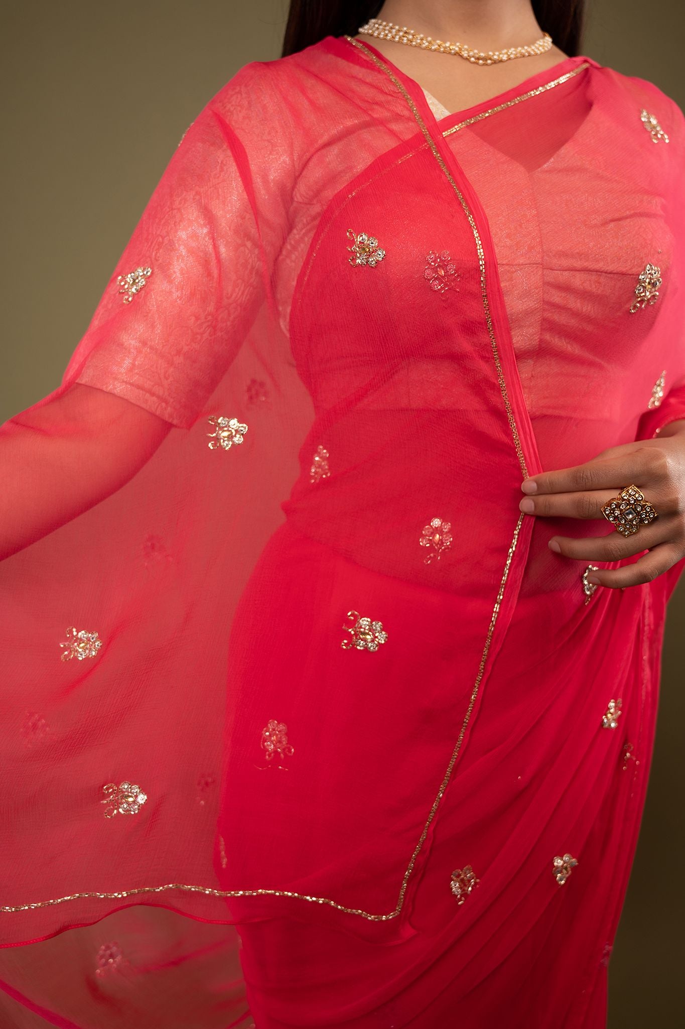 Red viscose chiffon kardana kundan motif handwork casual wear saree