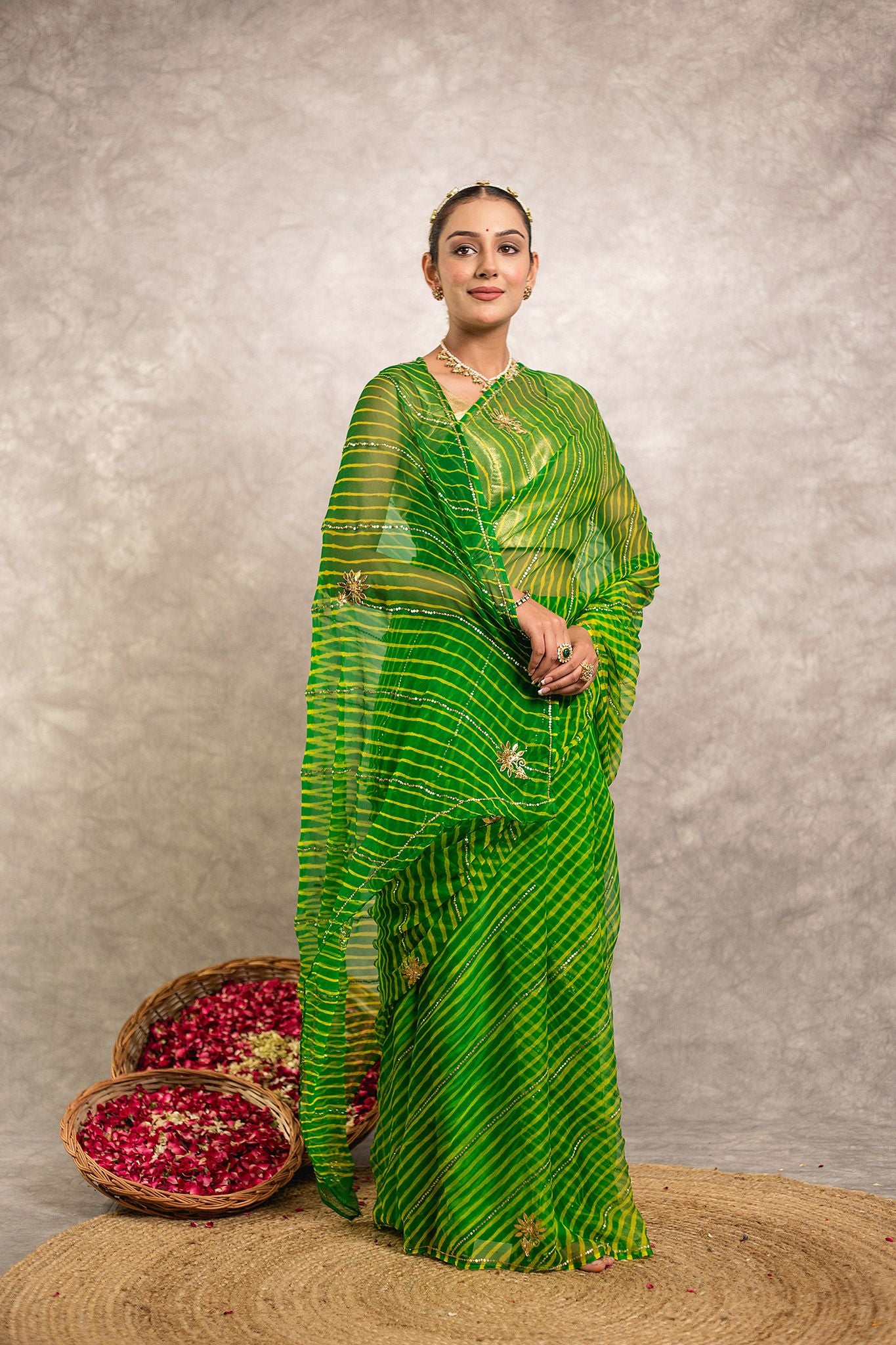 Green lehariya Pure Georgette 20 Gsm Aari tari handwork traditional wear saree