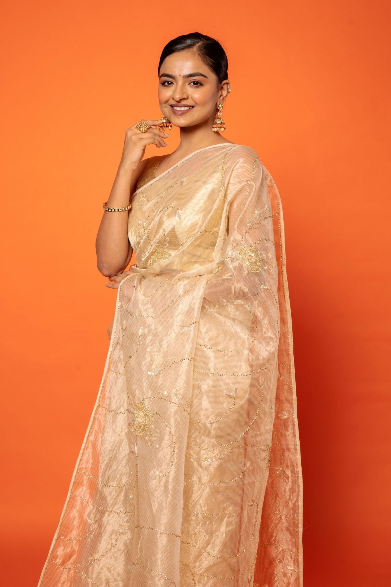 Golden Pure Tissue aari sequins jaal handwork party wear saree