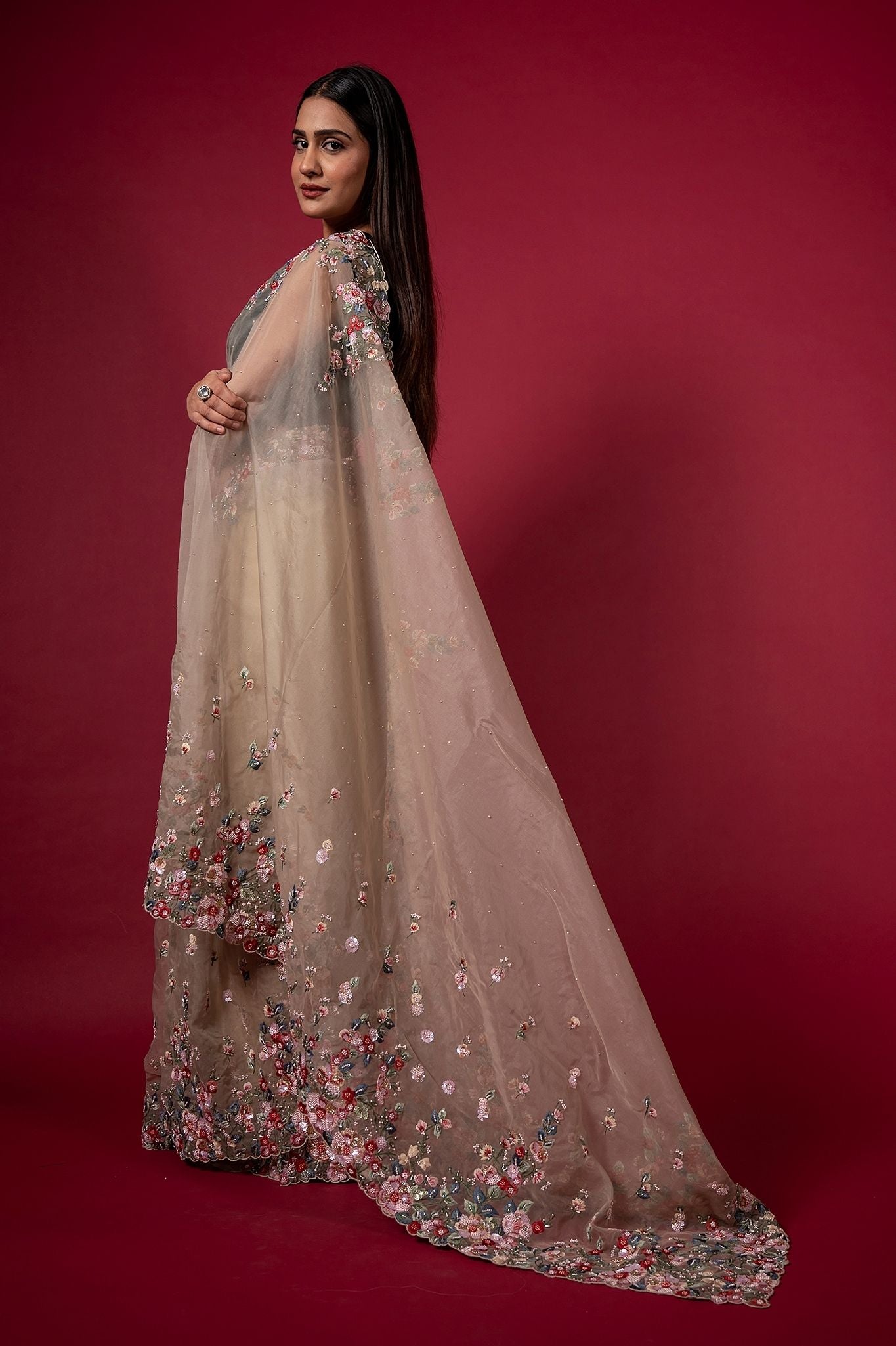 Sand organza pearl sequins kardana resham handwork saree