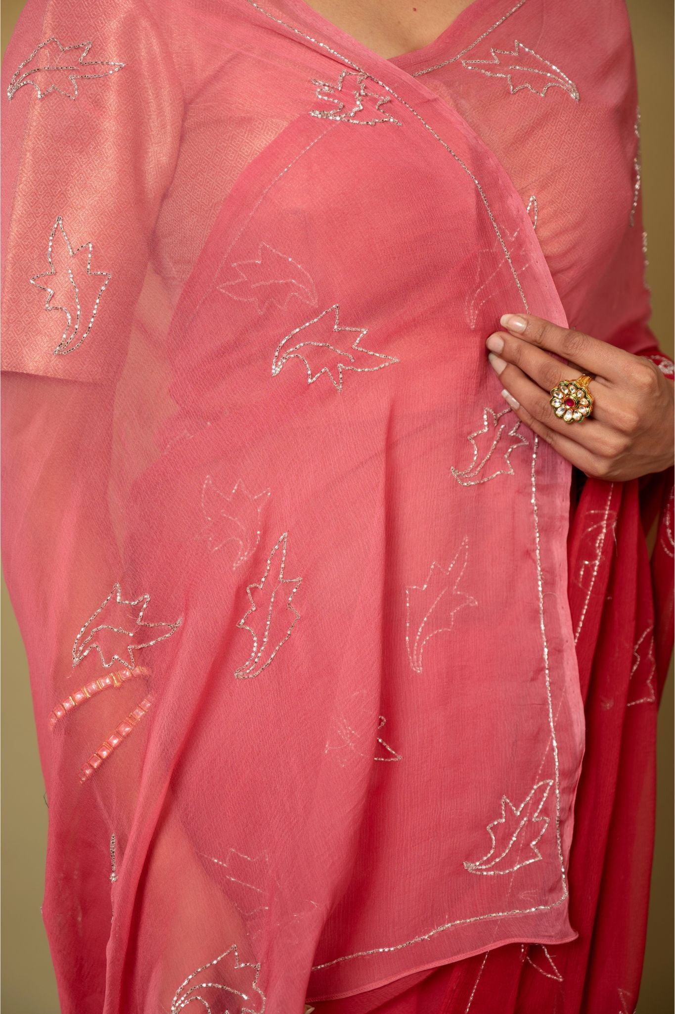 Burgundy red viscose chiffon kardana handwork casual wear saree